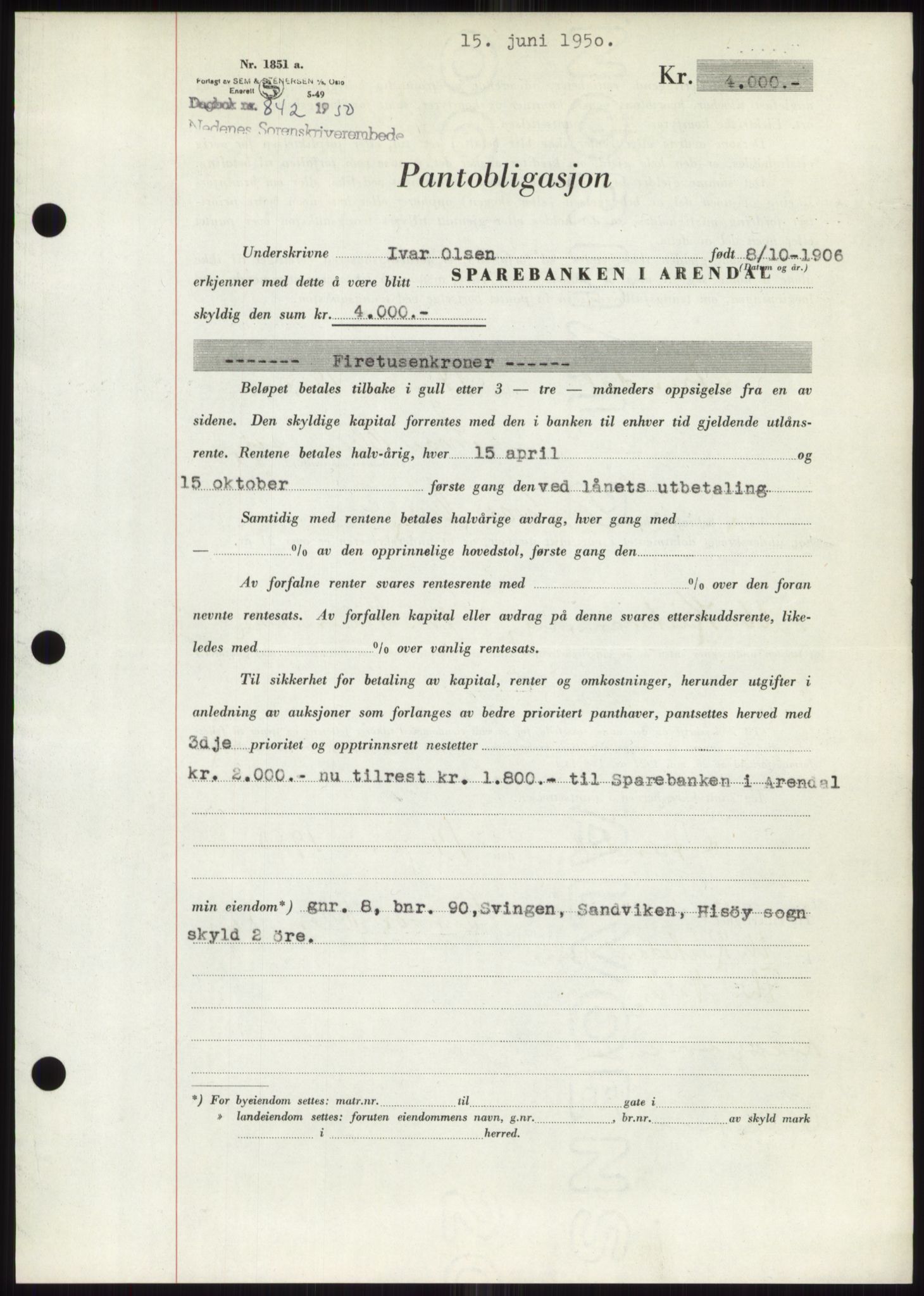 Nedenes sorenskriveri, AV/SAK-1221-0006/G/Gb/Gbb/L0007: Mortgage book no. B7, 1949-1950, Diary no: : 842/1950