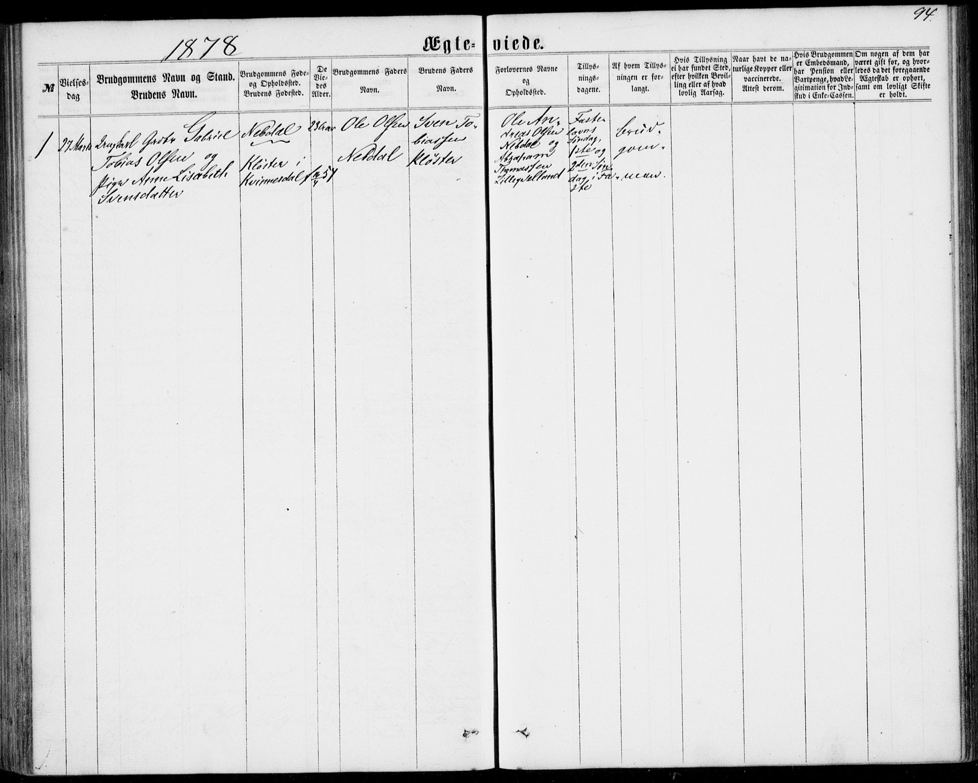 Lyngdal sokneprestkontor, AV/SAK-1111-0029/F/Fa/Fab/L0002: Parish register (official) no. A 2, 1861-1878, p. 94