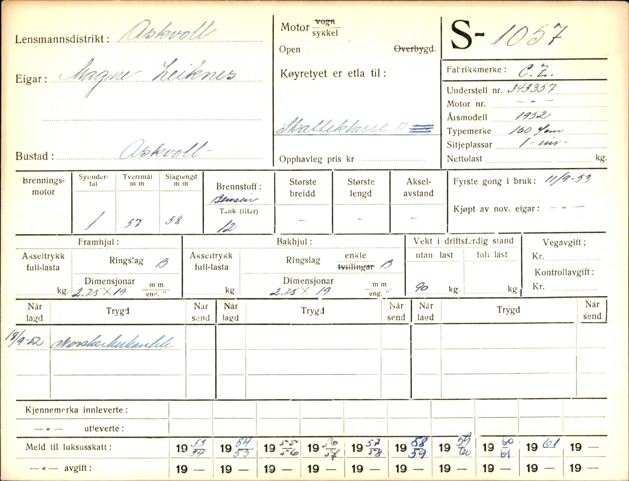 Statens vegvesen, Sogn og Fjordane vegkontor, AV/SAB-A-5301/4/F/L0003: Registerkort utmeldte Fjordane S1000-2499, 1930-1961, p. 98