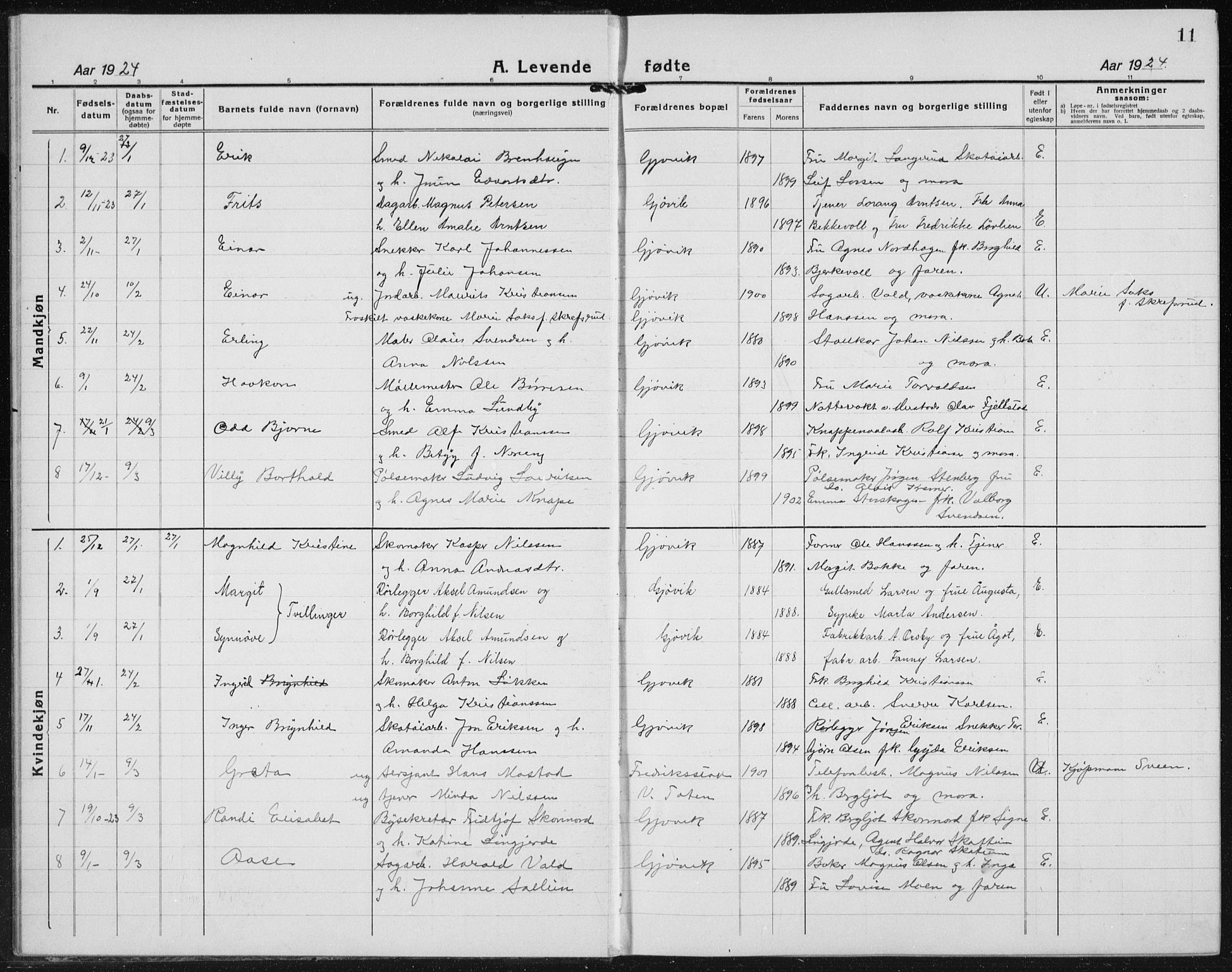 Vardal prestekontor, AV/SAH-PREST-100/H/Ha/Hab/L0017: Parish register (copy) no. 17, 1922-1941, p. 11