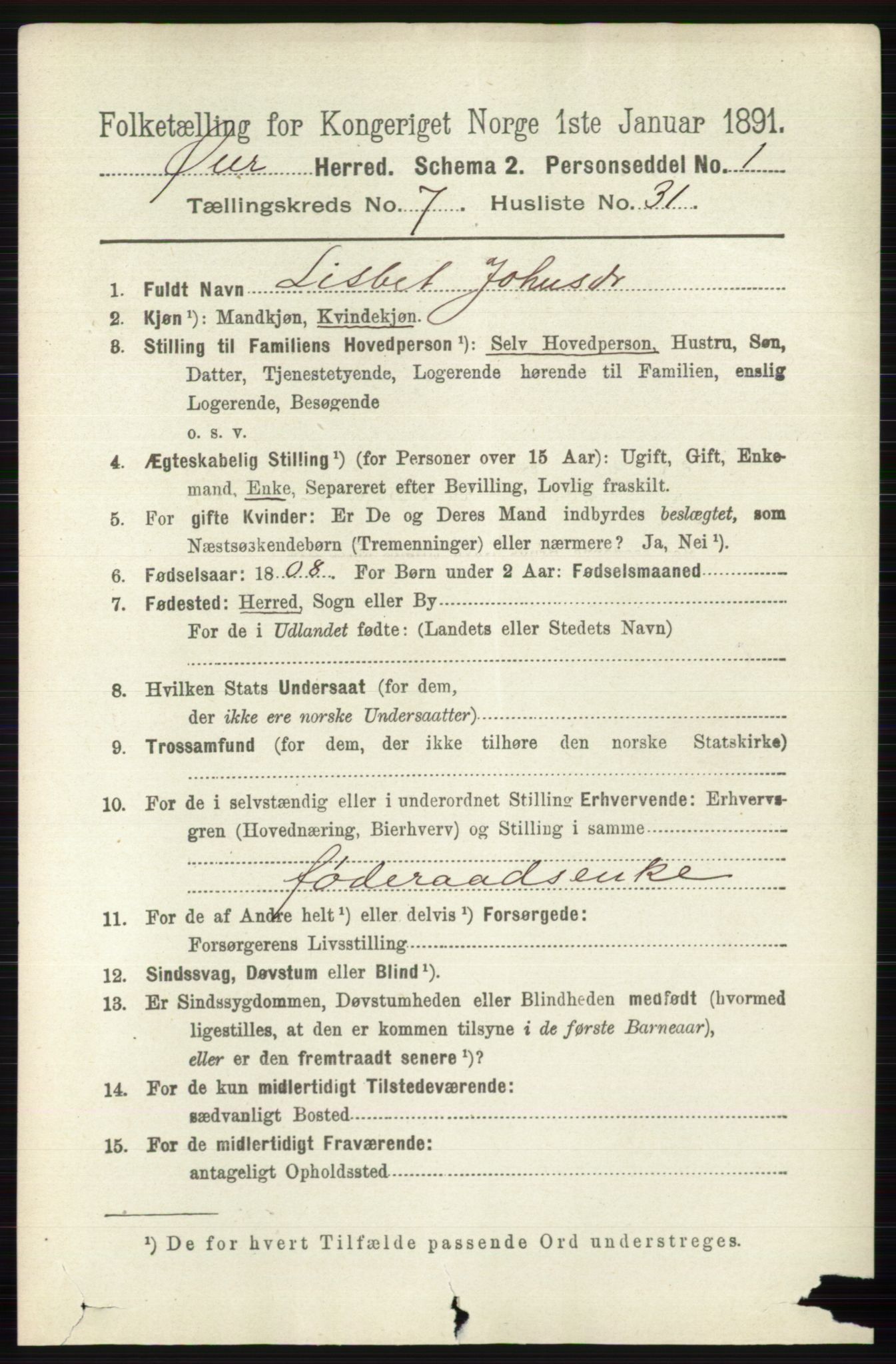 RA, 1891 census for 0521 Øyer, 1891, p. 2642