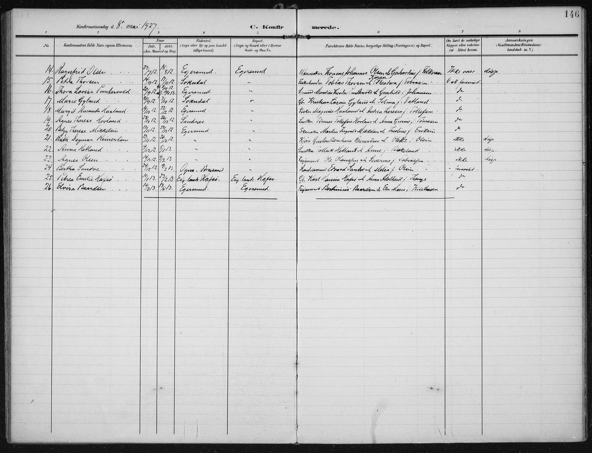 Eigersund sokneprestkontor, AV/SAST-A-101807/S08/L0022: Parish register (official) no. A 21, 1905-1928, p. 146