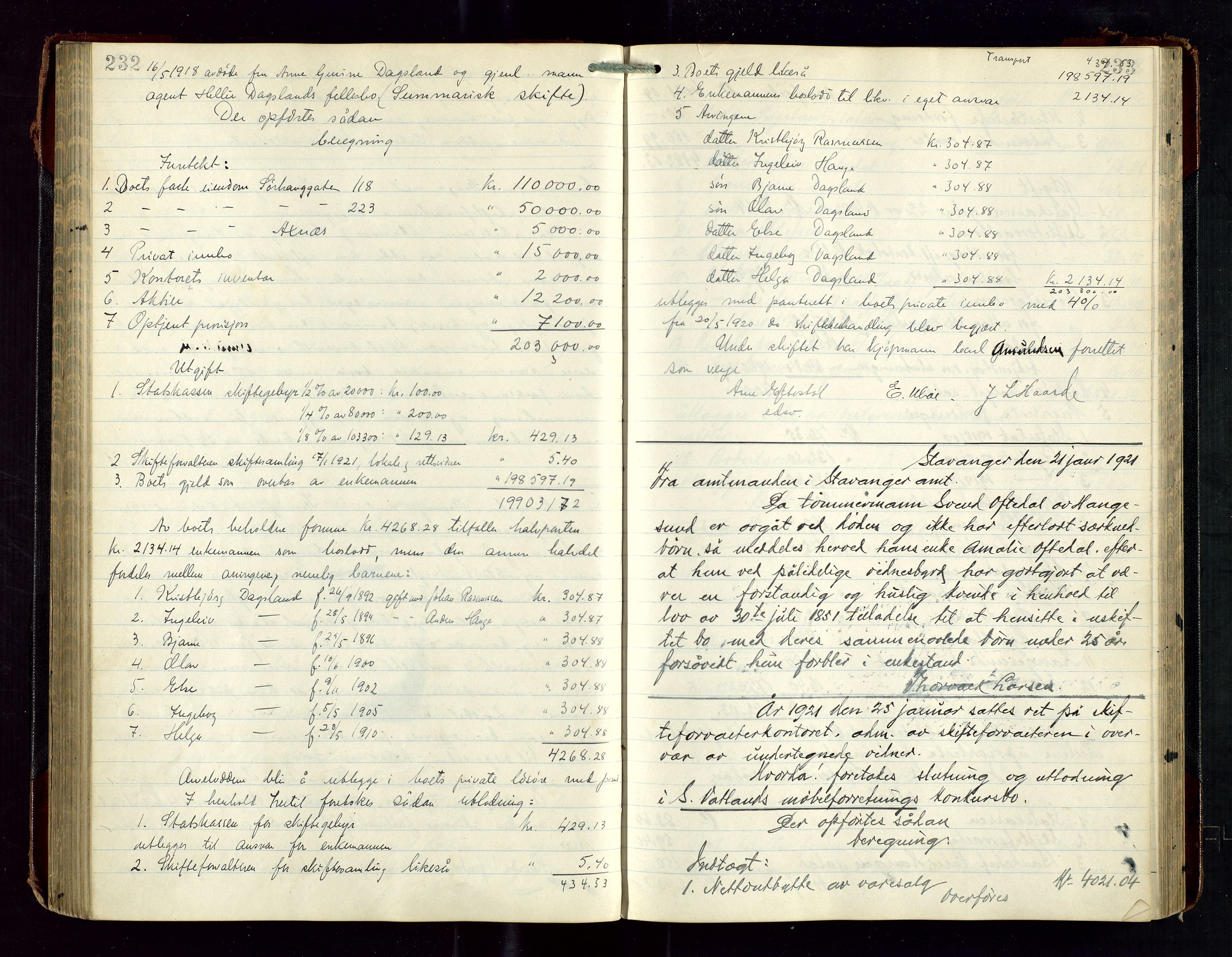 Haugesund tingrett, SAST/A-101415/01/IV/IVD/L0003: Skifteutlodningsprotokoll, med register, 1915-1924, p. 232-233