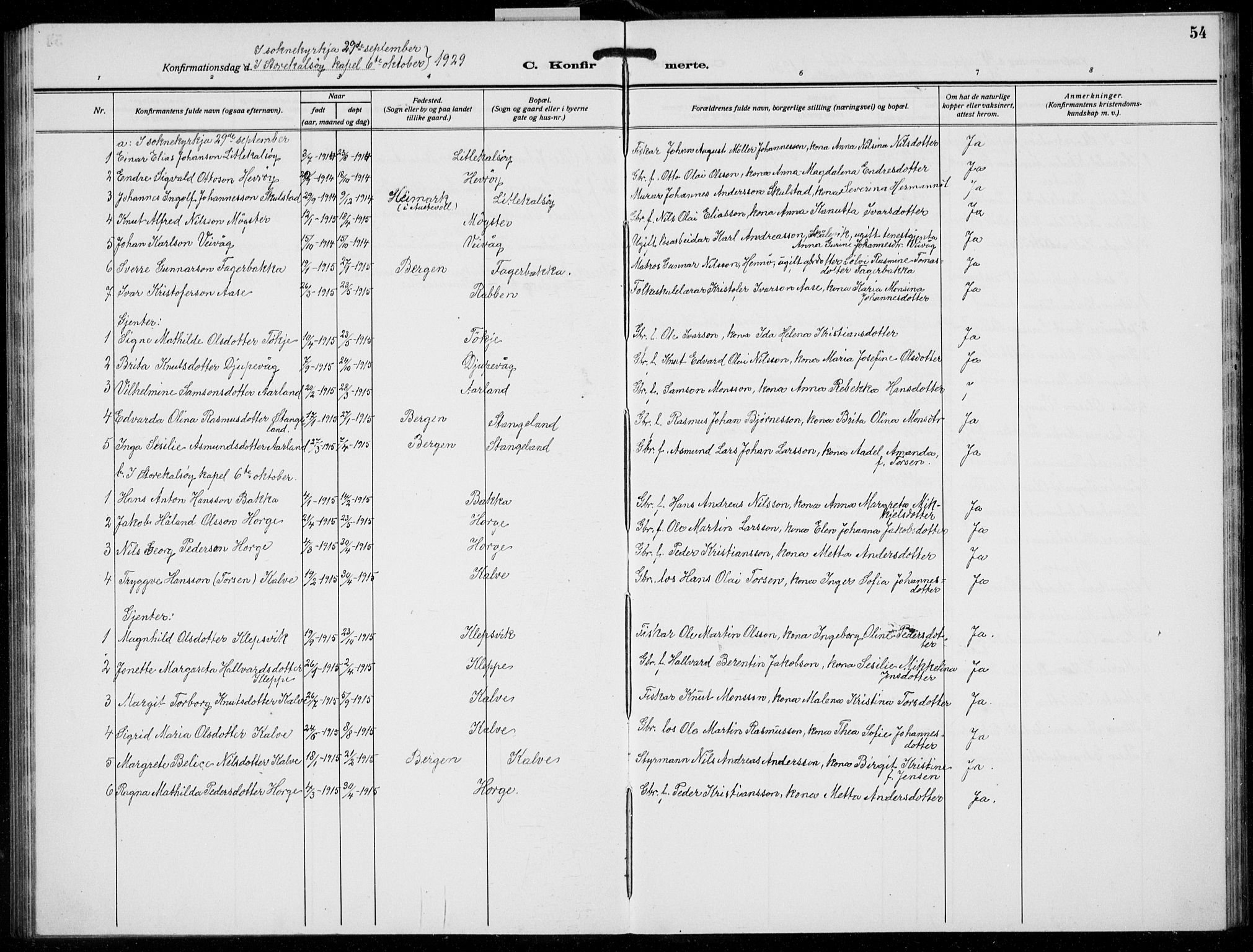 Austevoll sokneprestembete, AV/SAB-A-74201/H/Ha/Hab/Habb/L0007: Parish register (copy) no. B 7, 1926-1939, p. 54