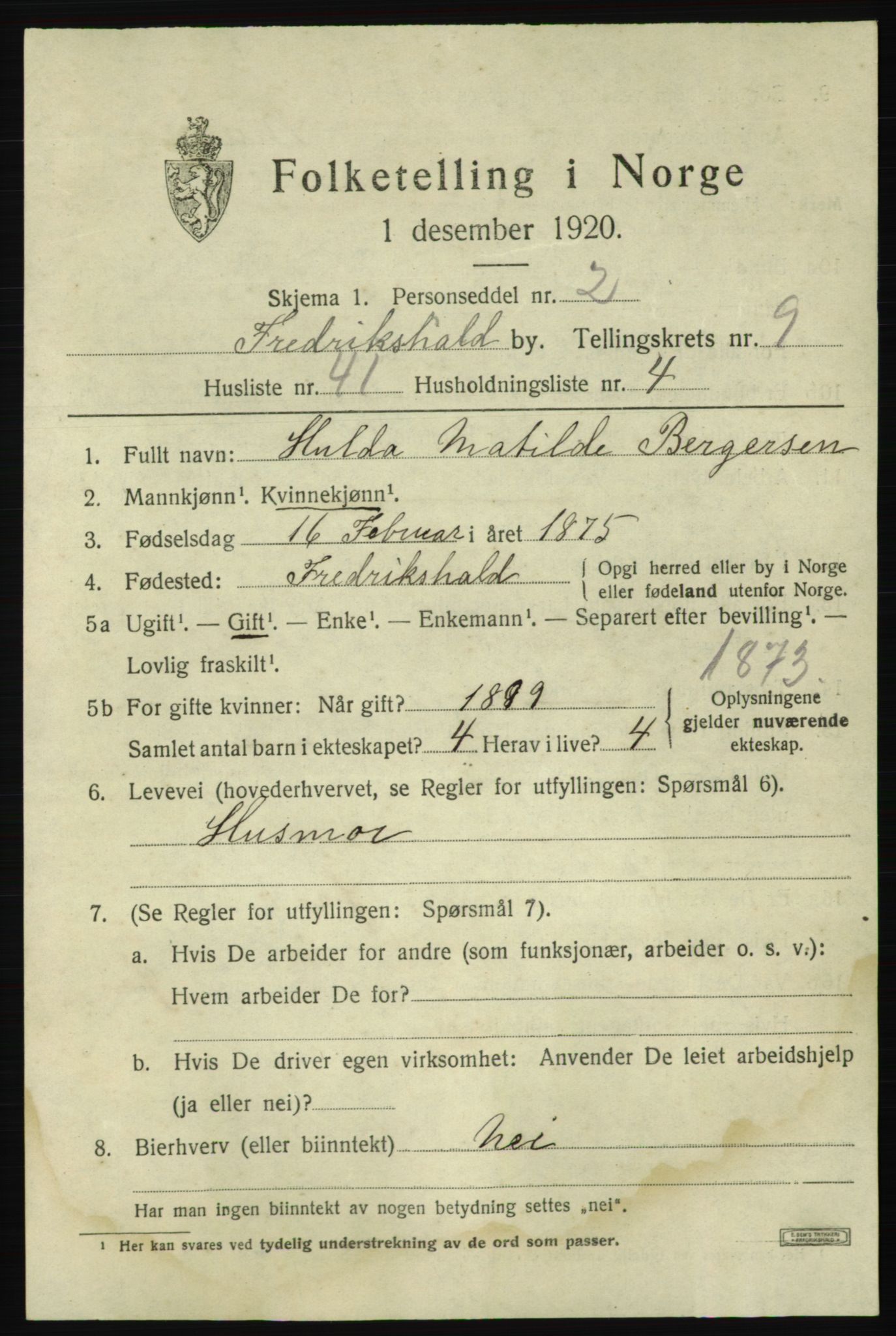SAO, 1920 census for Fredrikshald, 1920, p. 16829