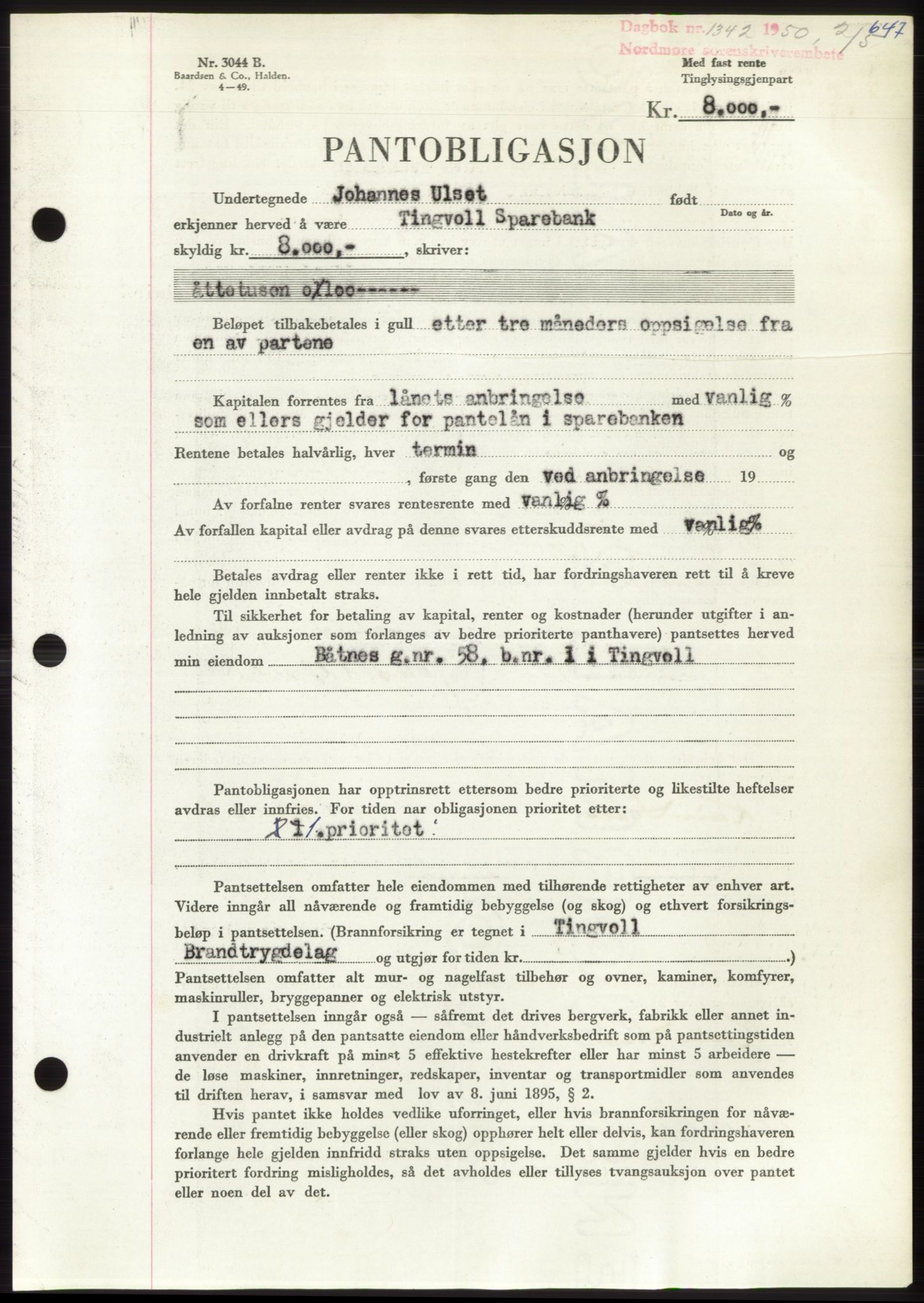 Nordmøre sorenskriveri, AV/SAT-A-4132/1/2/2Ca: Mortgage book no. B104, 1950-1950, Diary no: : 1342/1950