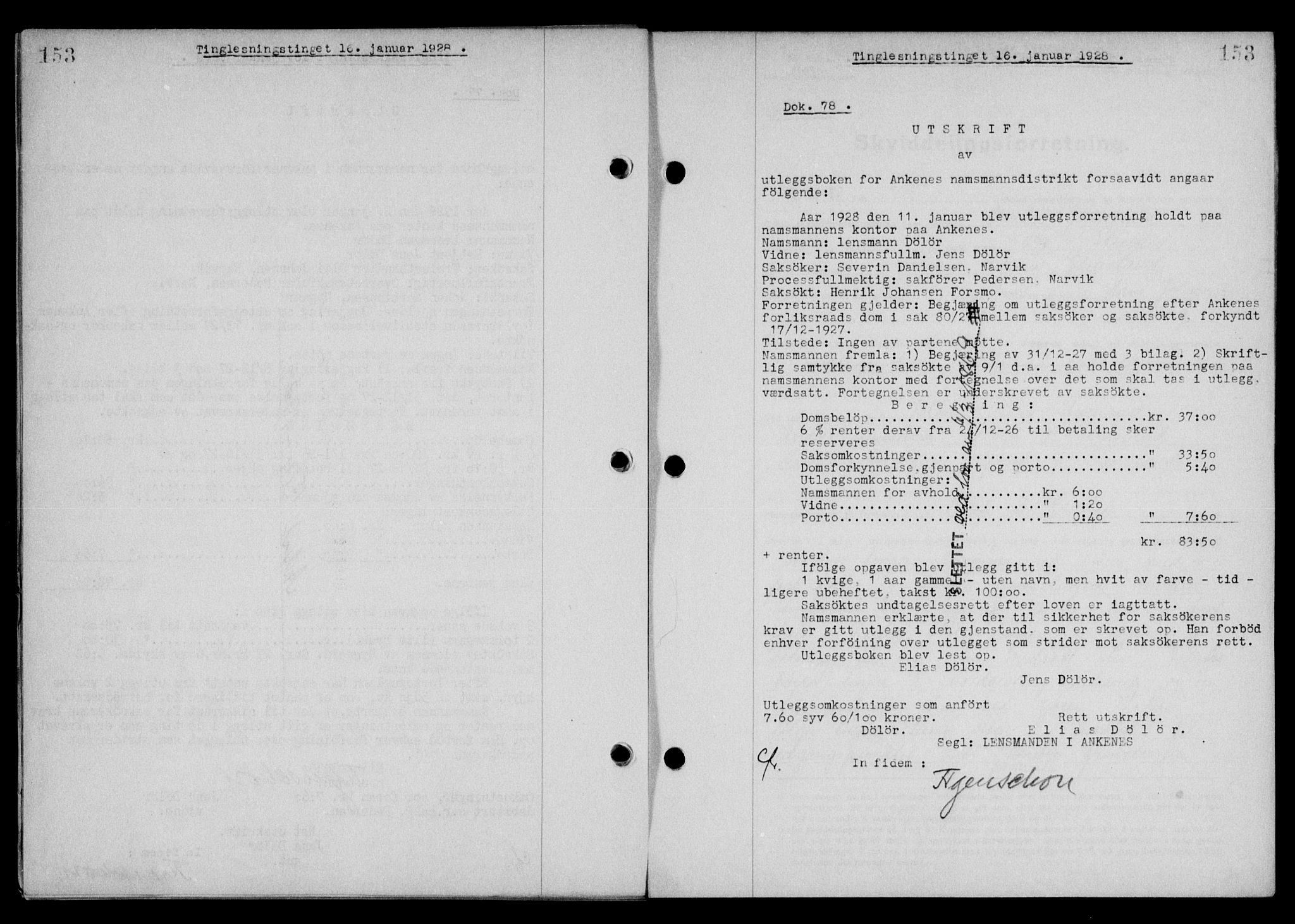 Steigen og Ofoten sorenskriveri, AV/SAT-A-0030/1/2/2C/L0015/0002: Mortgage book no. 16 og 17-I, 1927-1928, Deed date: 16.01.1928