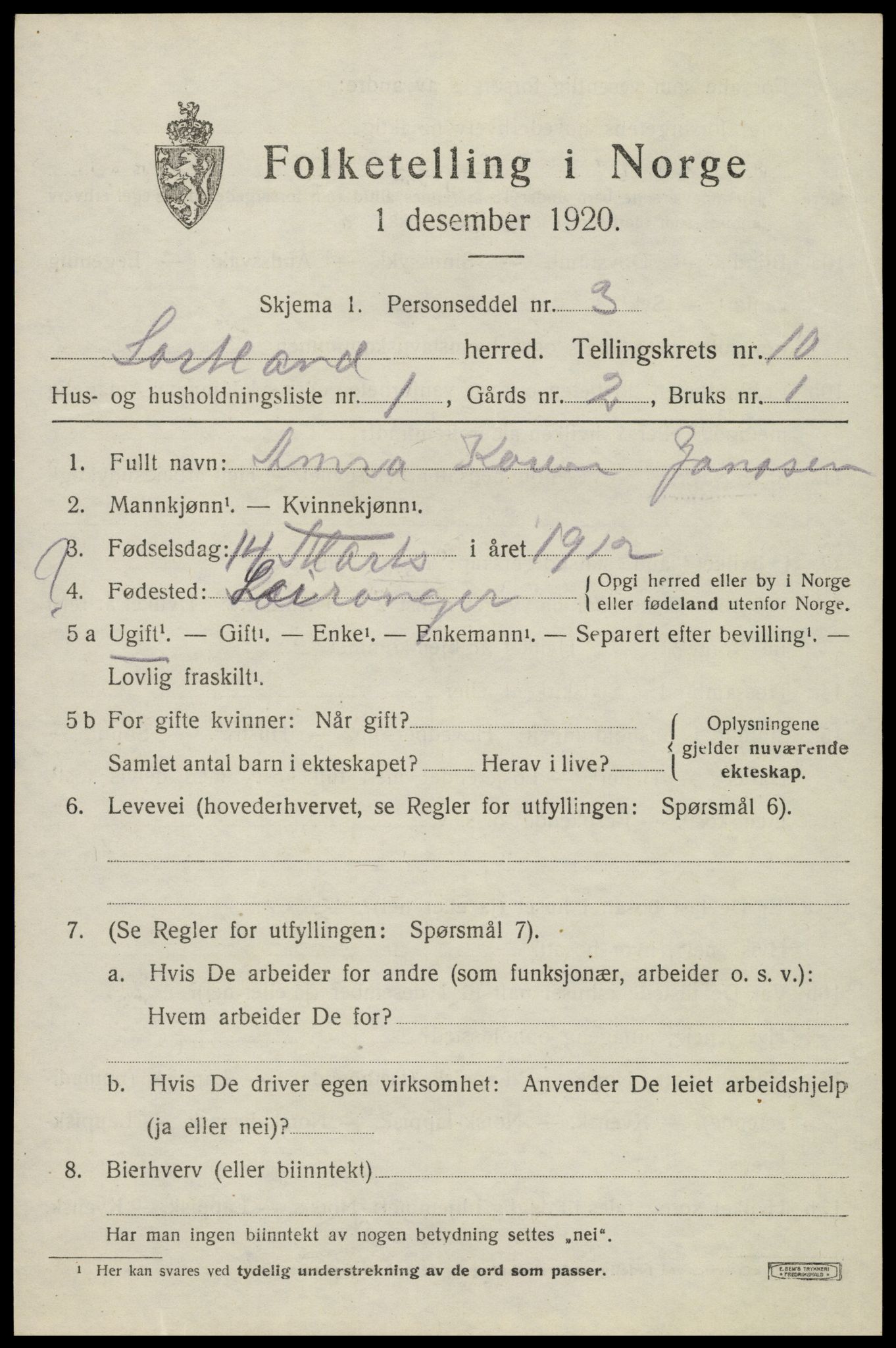 SAT, 1920 census for Sortland, 1920, p. 7620