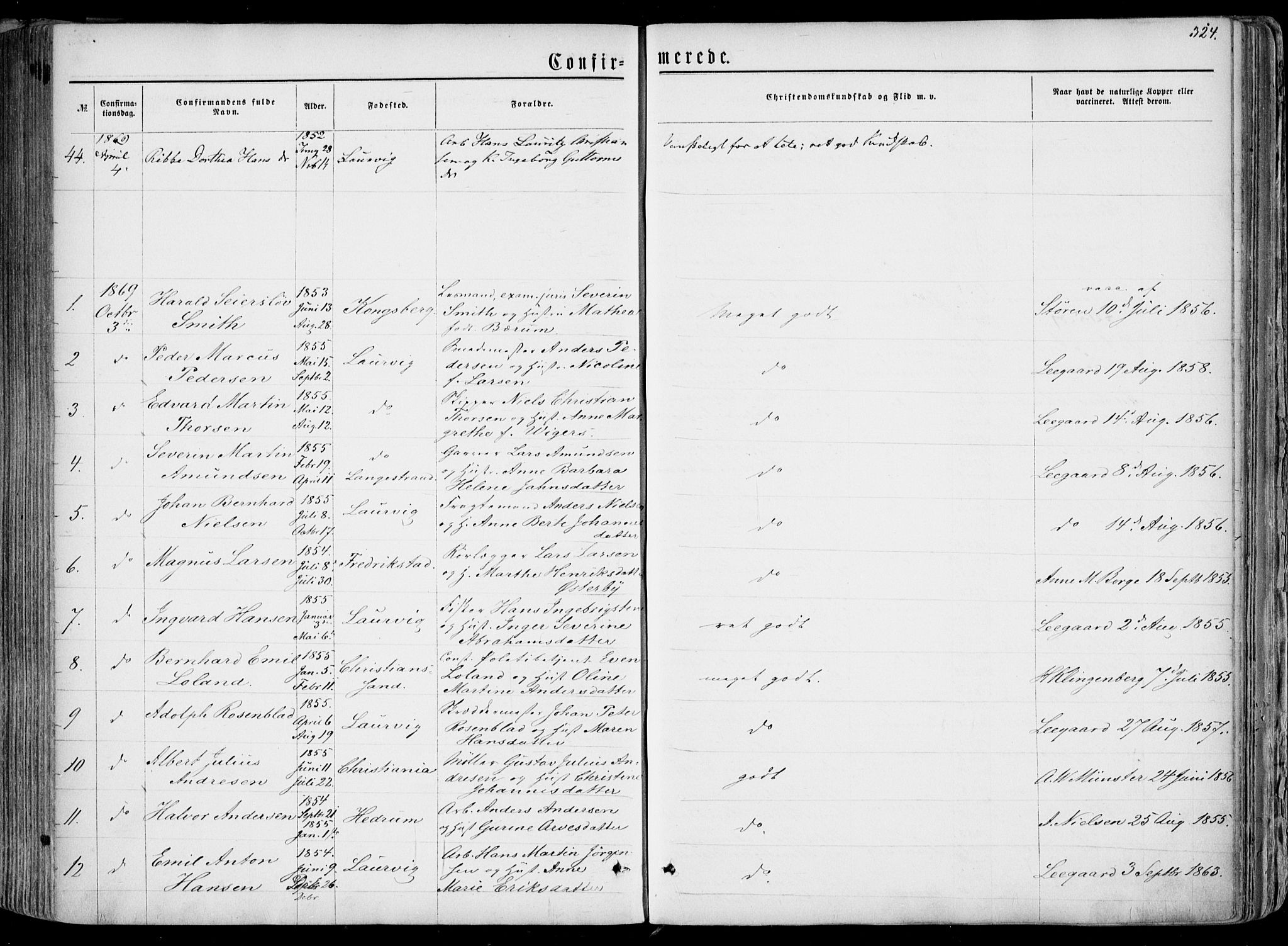 Larvik kirkebøker, AV/SAKO-A-352/F/Fa/L0004: Parish register (official) no. I 4, 1856-1870, p. 324