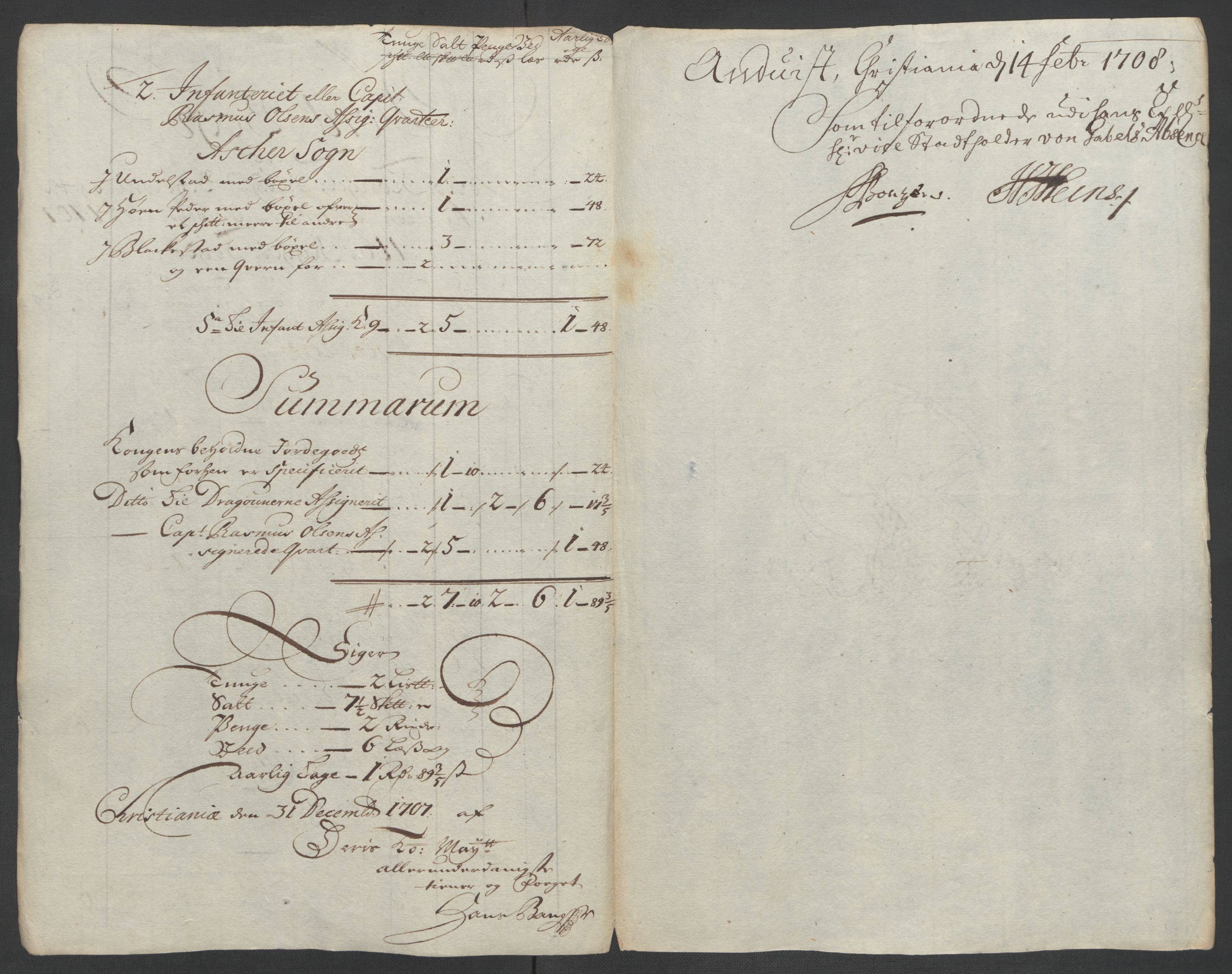 Rentekammeret inntil 1814, Reviderte regnskaper, Fogderegnskap, AV/RA-EA-4092/R10/L0447: Fogderegnskap Aker og Follo, 1707-1709, p. 28