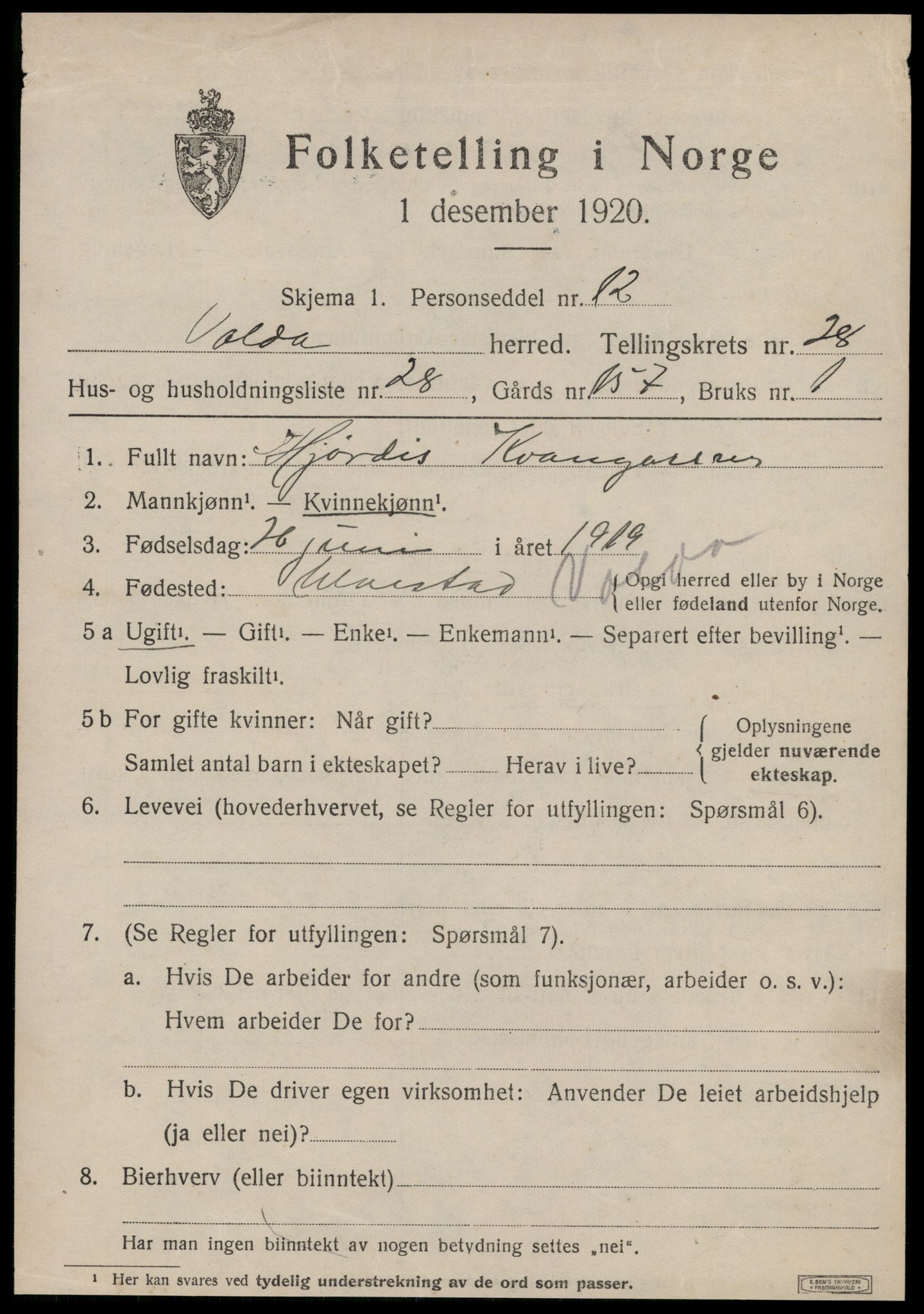 SAT, 1920 census for Volda, 1920, p. 13256