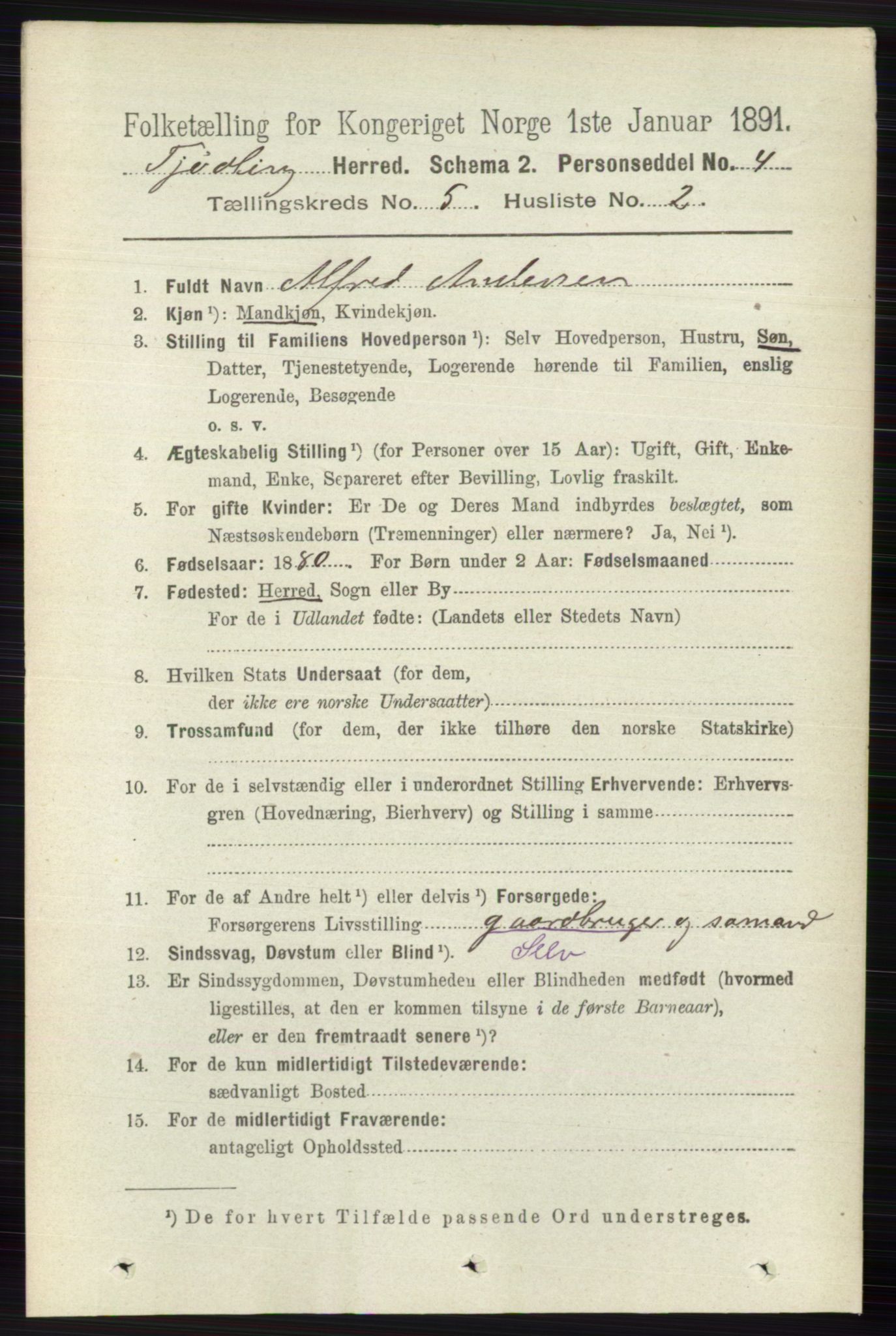 RA, 1891 census for 0725 Tjølling, 1891, p. 1980