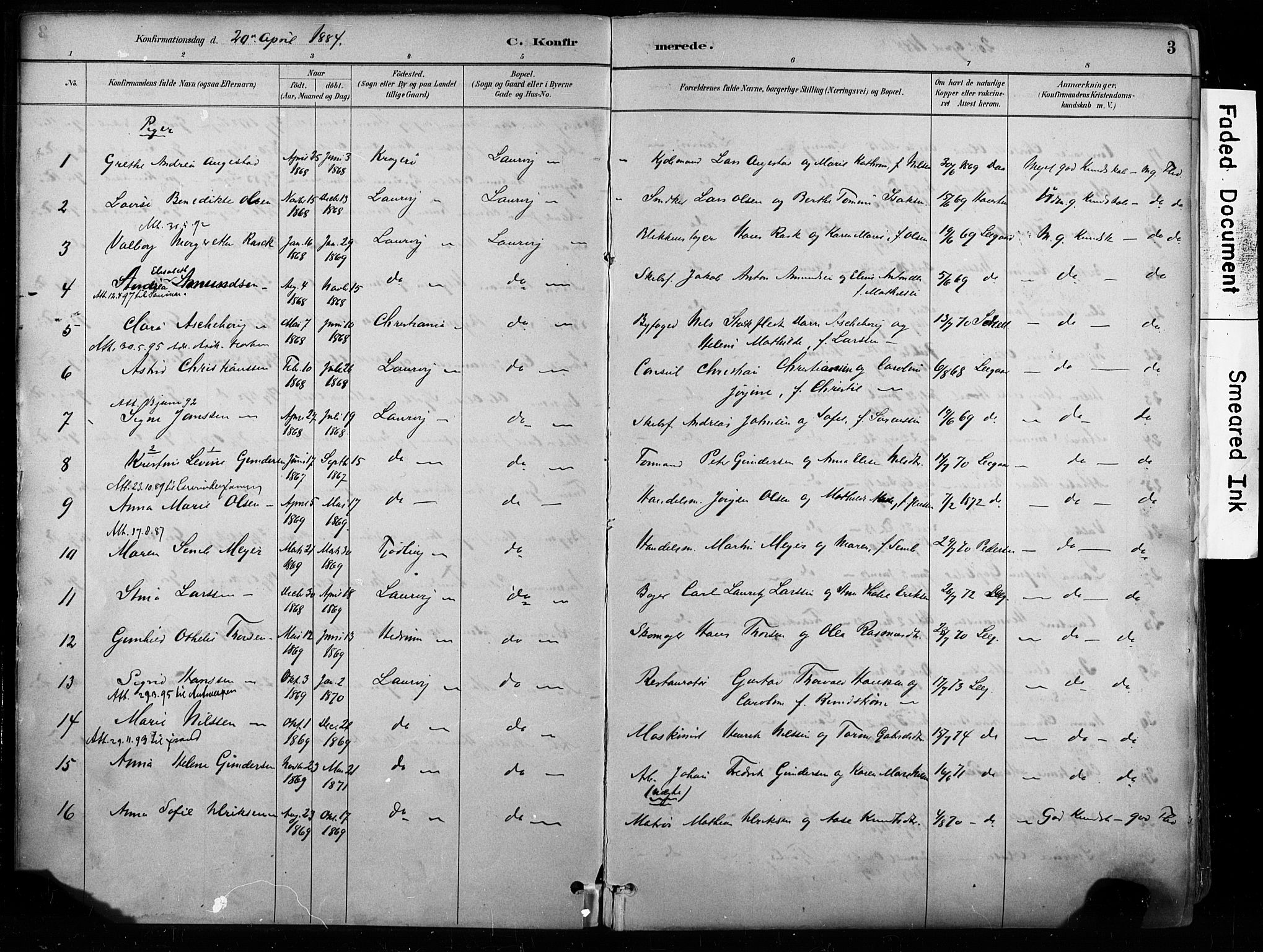 Larvik kirkebøker, AV/SAKO-A-352/F/Fa/L0008: Parish register (official) no. I 8, 1884-1902, p. 3