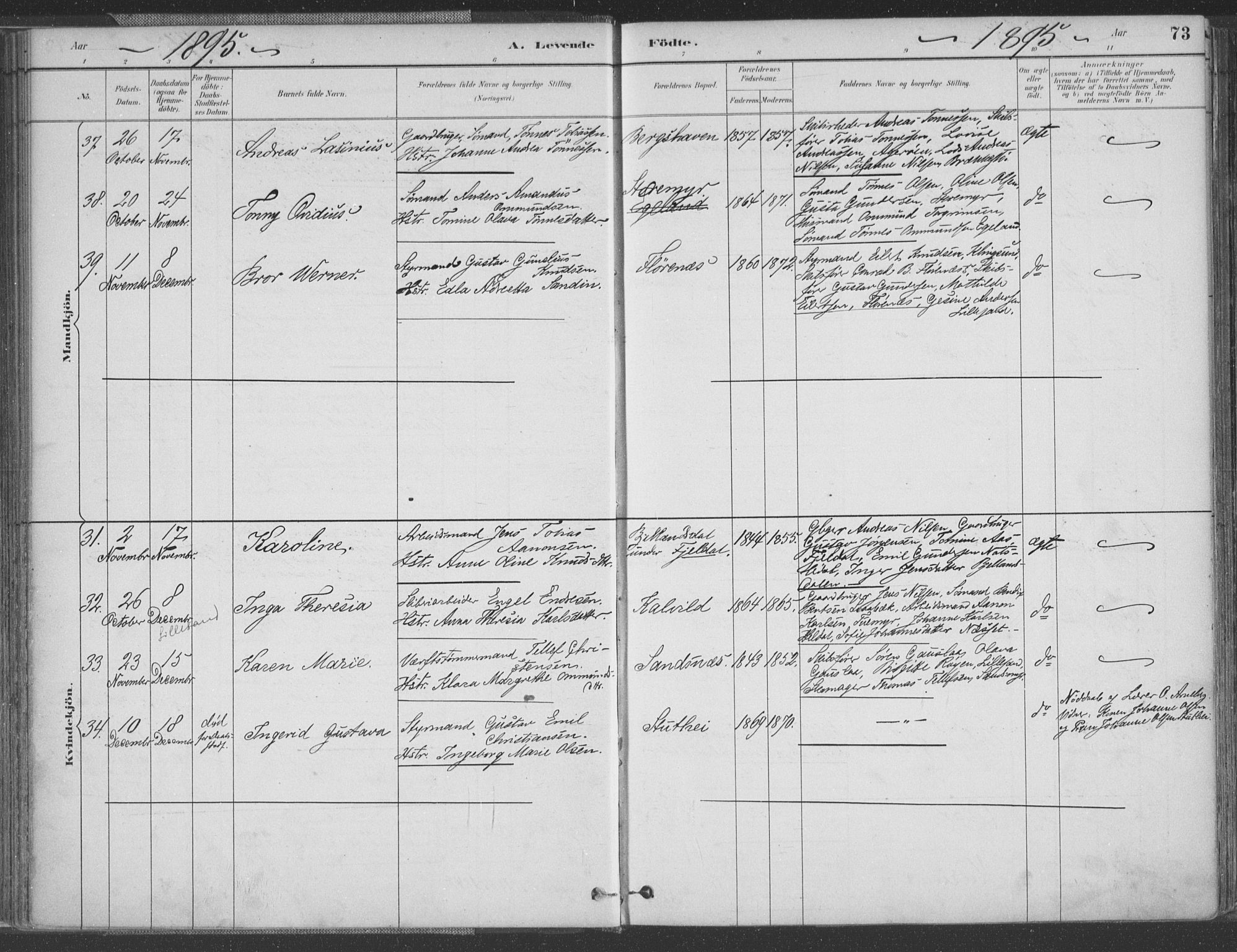 Vestre Moland sokneprestkontor, AV/SAK-1111-0046/F/Fa/Fab/L0009: Parish register (official) no. A 9, 1884-1899, p. 73