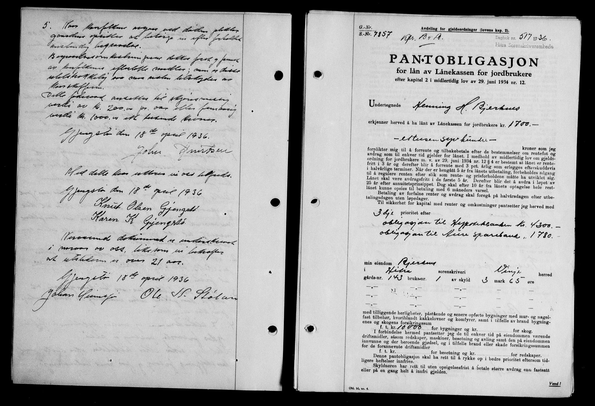 Hitra sorenskriveri, AV/SAT-A-0018/2/2C/2Ca/L0028: Mortgage book no. B-1, 1936-1939, Diary no: : 517/1936