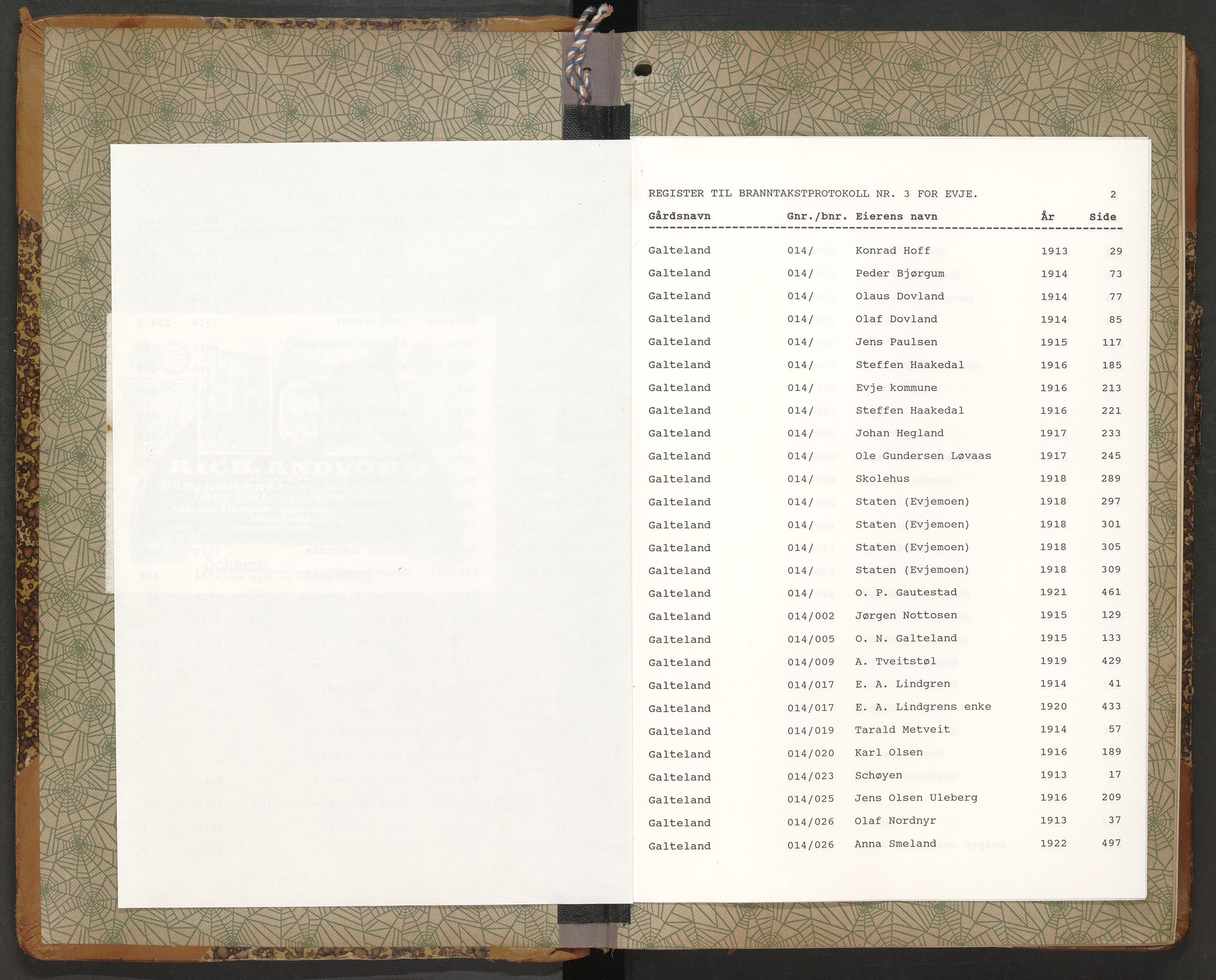 Norges Brannkasse Evje, AV/SAK-2241-0010/F/Fa/L0003: Branntakstprotokoll nr. 3 med gårdsnavnregister, 1913-1922