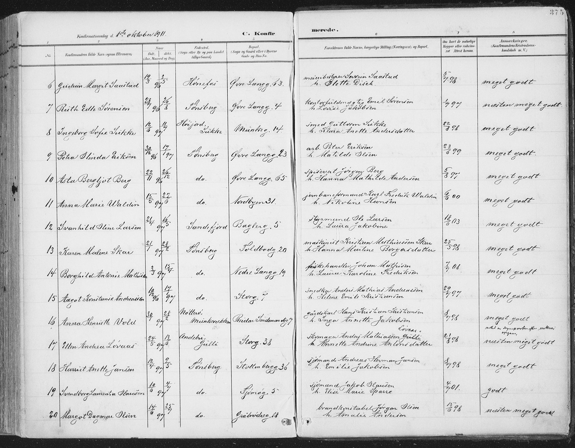 Tønsberg kirkebøker, SAKO/A-330/F/Fa/L0014: Parish register (official) no. I 14, 1900-1913, p. 375