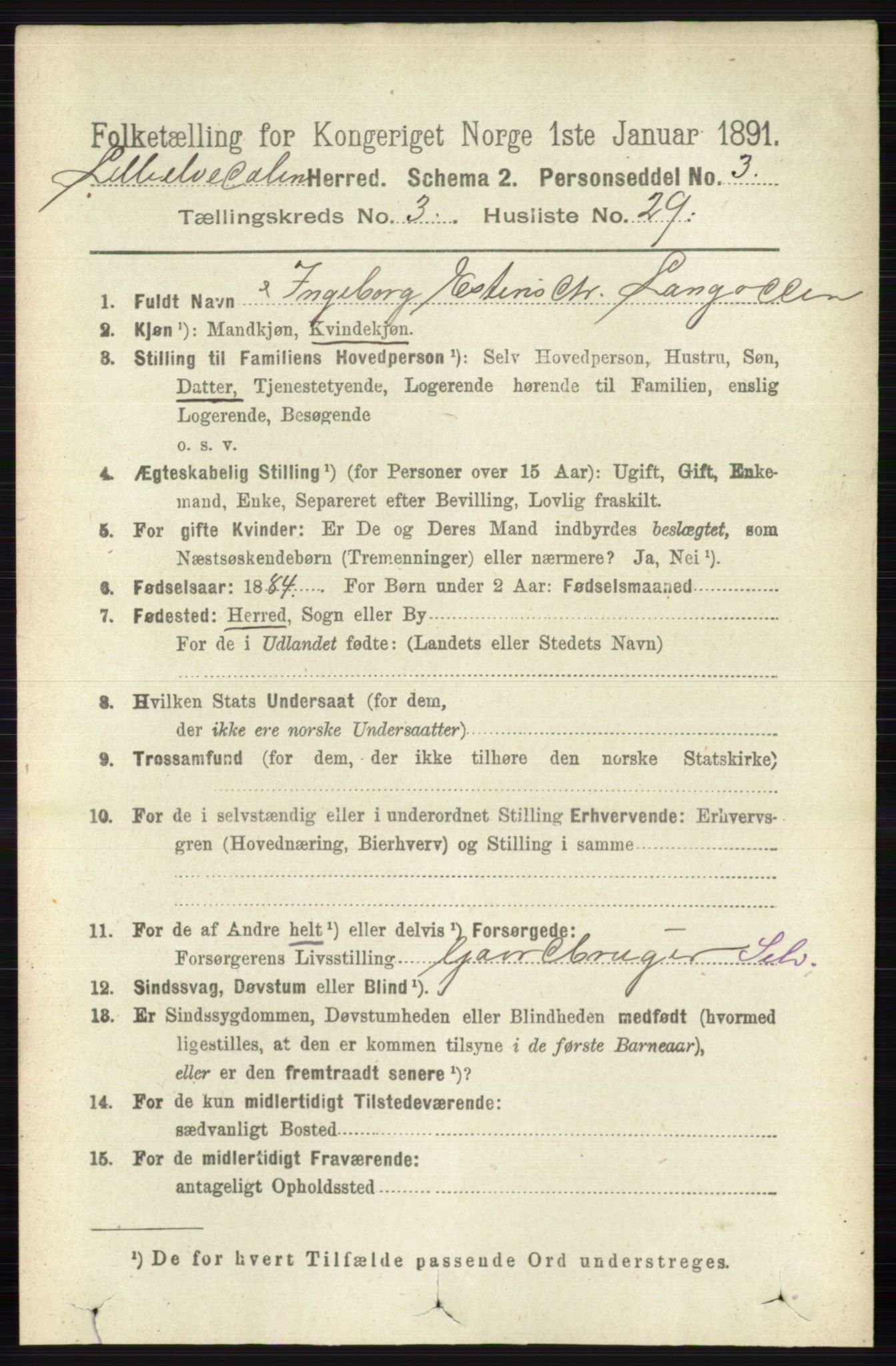 RA, 1891 census for 0438 Lille Elvedalen, 1891, p. 1274