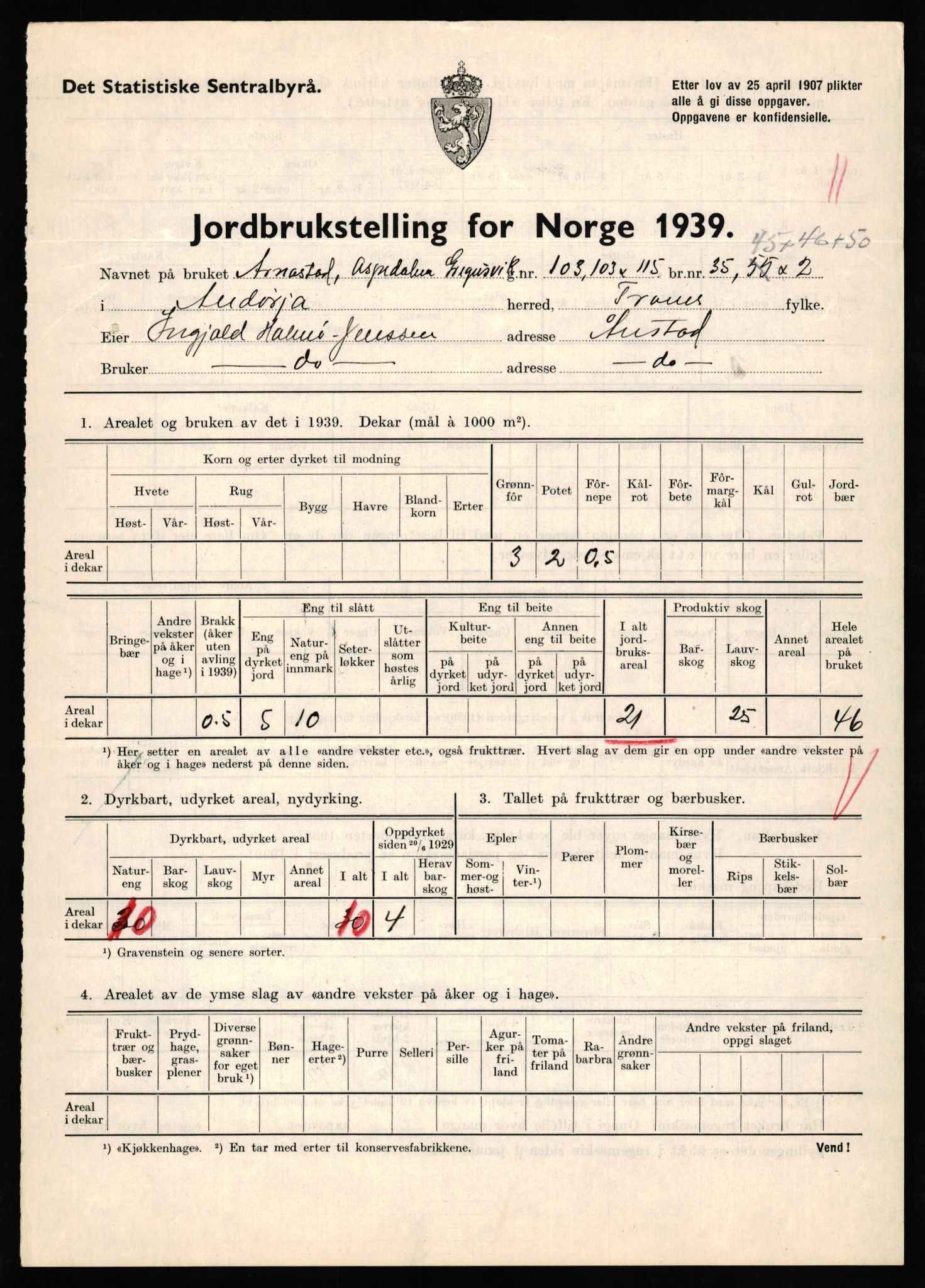 Statistisk sentralbyrå, Næringsøkonomiske emner, Jordbruk, skogbruk, jakt, fiske og fangst, AV/RA-S-2234/G/Gb/L0339: Troms: Andørja, Astafjord og Lavangen, 1939, p. 659