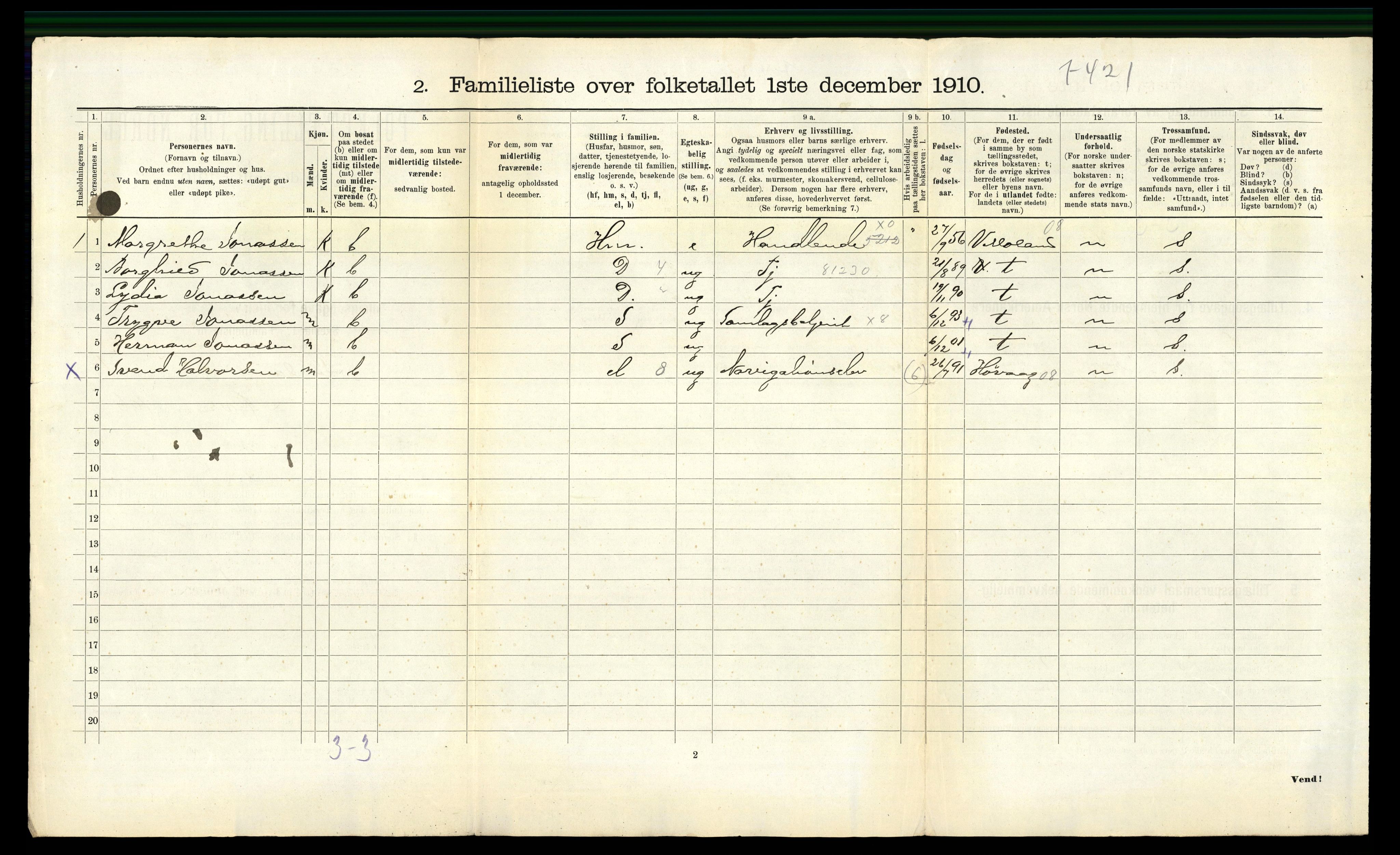 RA, 1910 census for Lillesand, 1910, p. 479