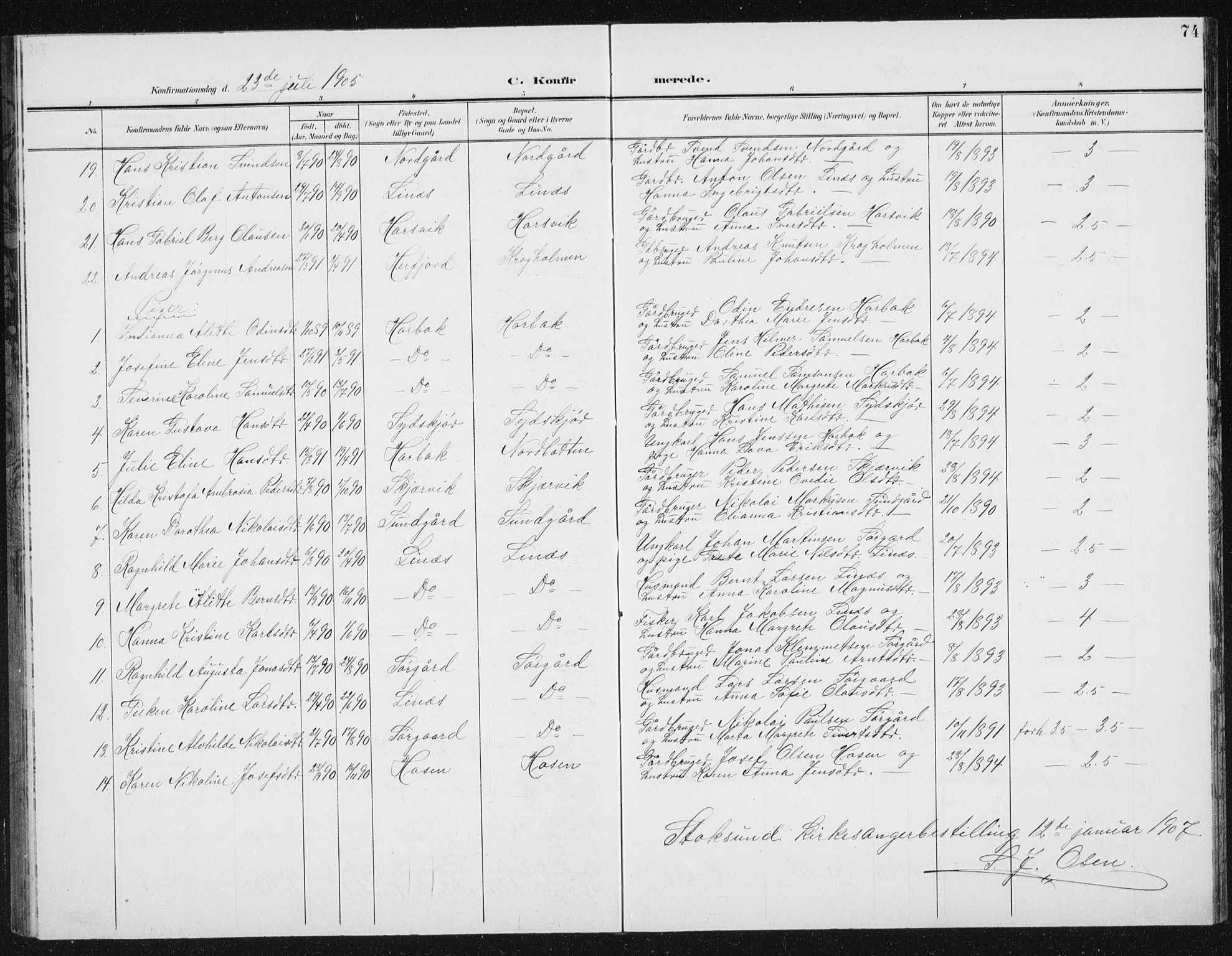 Ministerialprotokoller, klokkerbøker og fødselsregistre - Sør-Trøndelag, AV/SAT-A-1456/656/L0699: Parish register (copy) no. 656C05, 1905-1920, p. 74