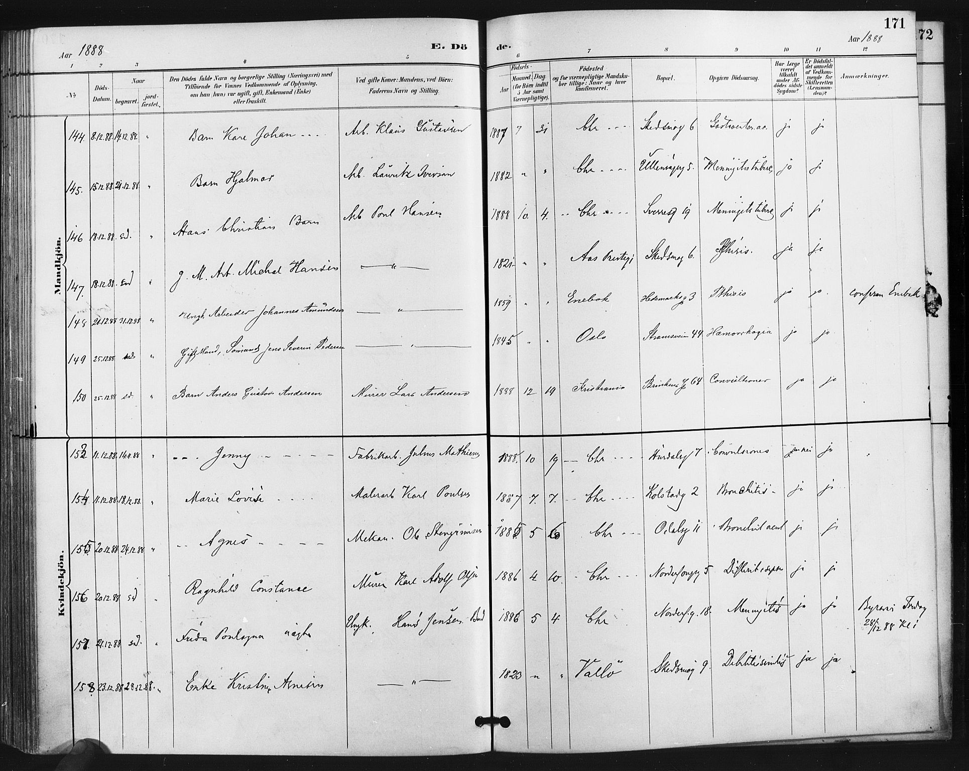 Kampen prestekontor Kirkebøker, SAO/A-10853/F/Fa/L0004: Parish register (official) no. I 4, 1885-1892, p. 171