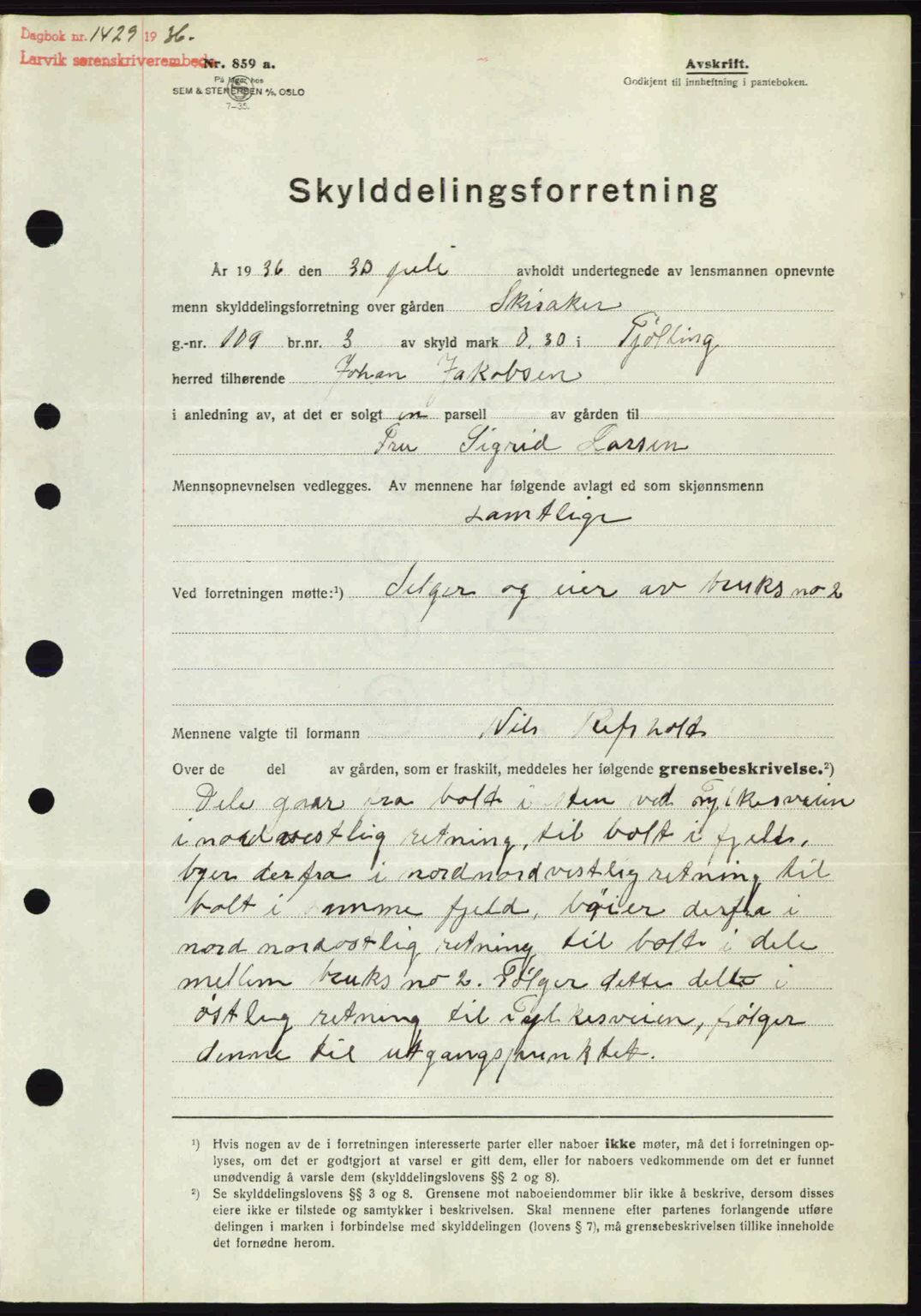 Larvik sorenskriveri, SAKO/A-83/G/Ga/Gab/L0067: Mortgage book no. A-1, 1936-1937, Diary no: : 1429/1936