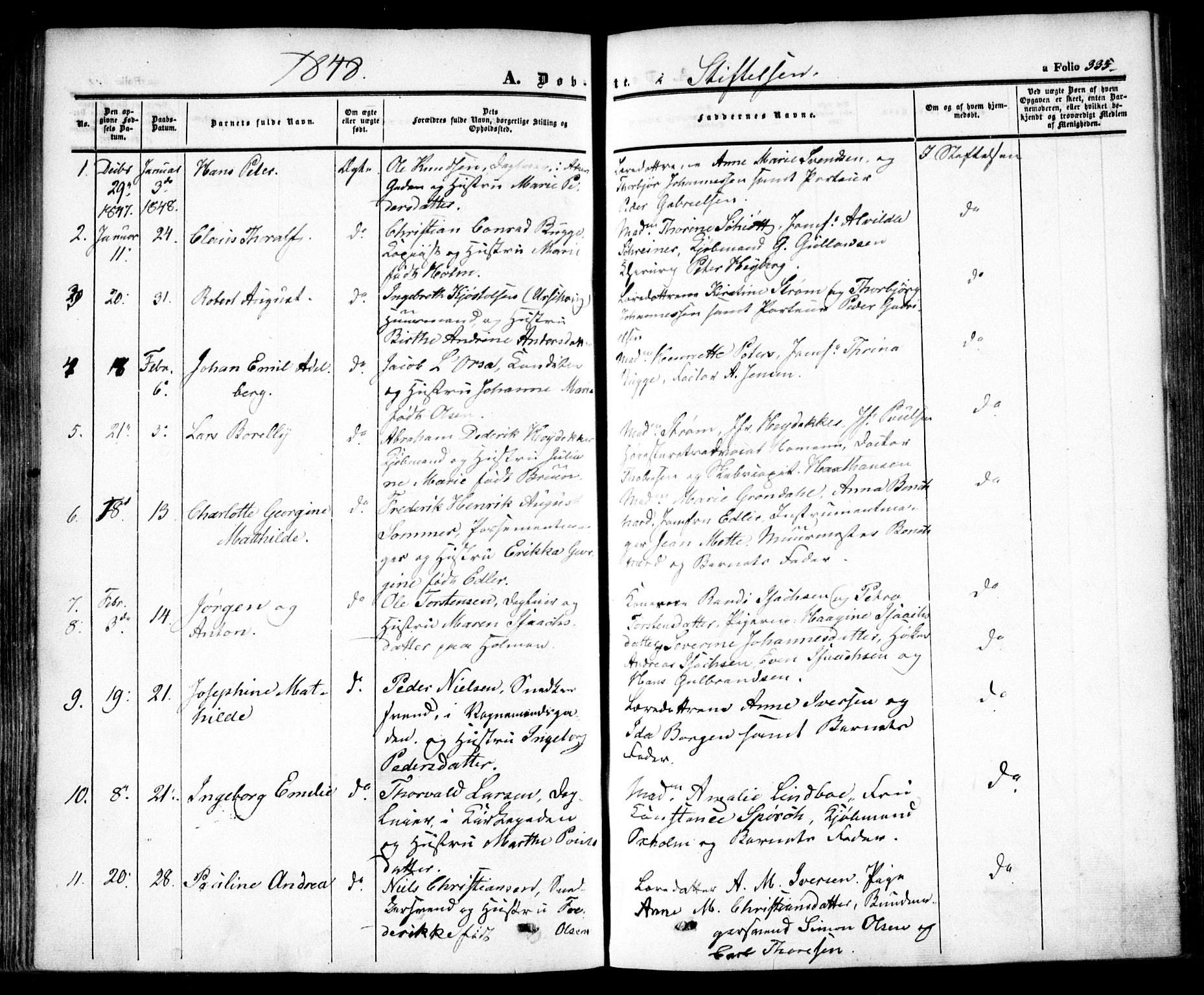 Oslo domkirke Kirkebøker, SAO/A-10752/F/Fa/L0013: Parish register (official) no. 13, 1844-1864, p. 335
