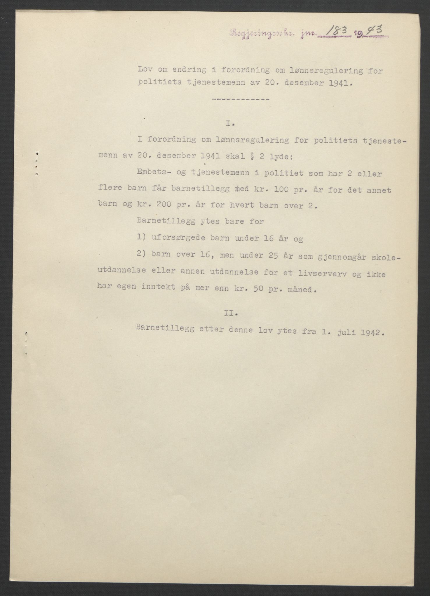 NS-administrasjonen 1940-1945 (Statsrådsekretariatet, de kommisariske statsråder mm), AV/RA-S-4279/D/Db/L0099: Lover, 1943, p. 402