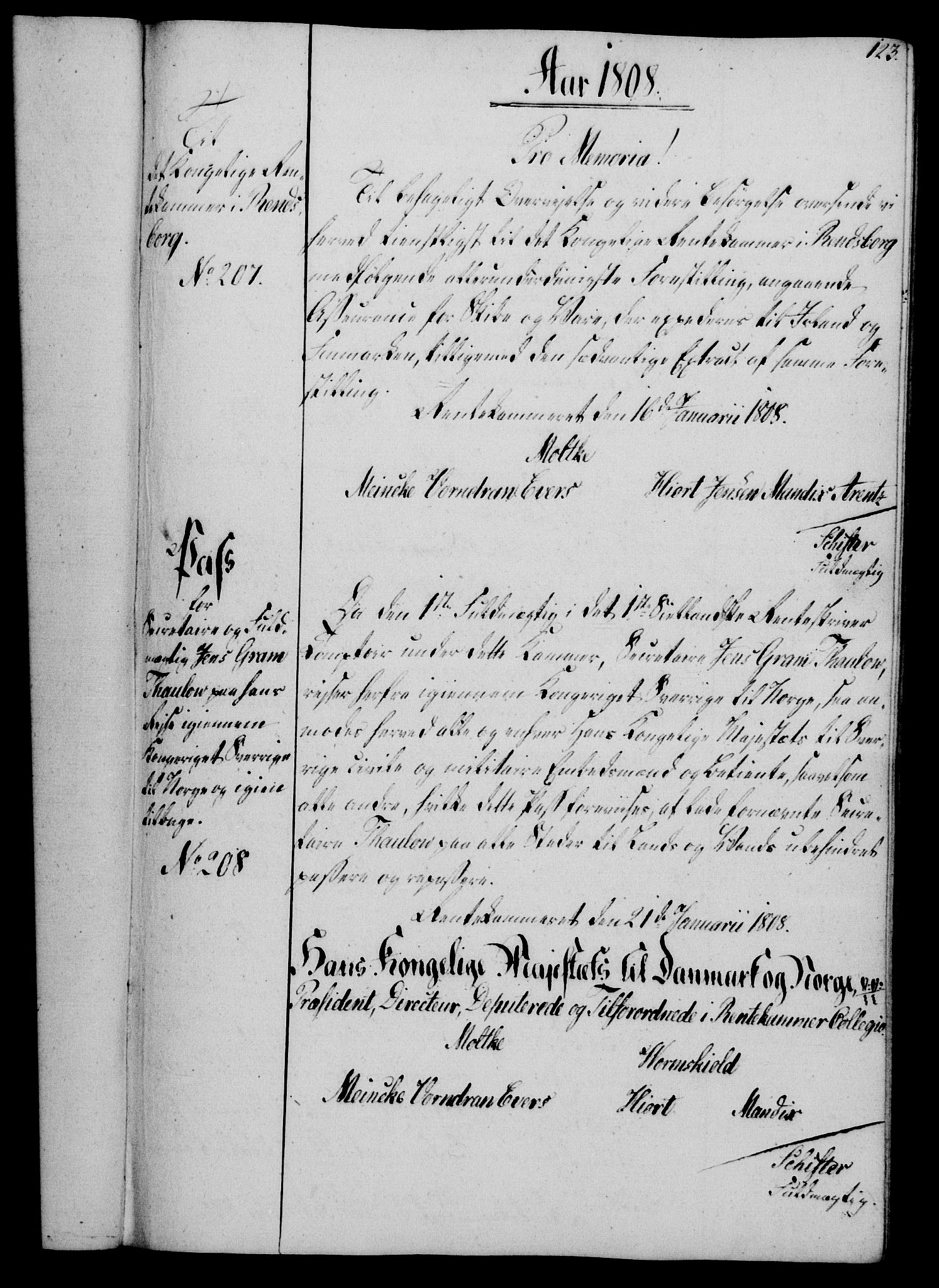 Rentekammeret, Kammerkanselliet, RA/EA-3111/G/Gg/Gga/L0019: Norsk ekspedisjonsprotokoll med register (merket RK 53.19), 1807-1810, p. 123
