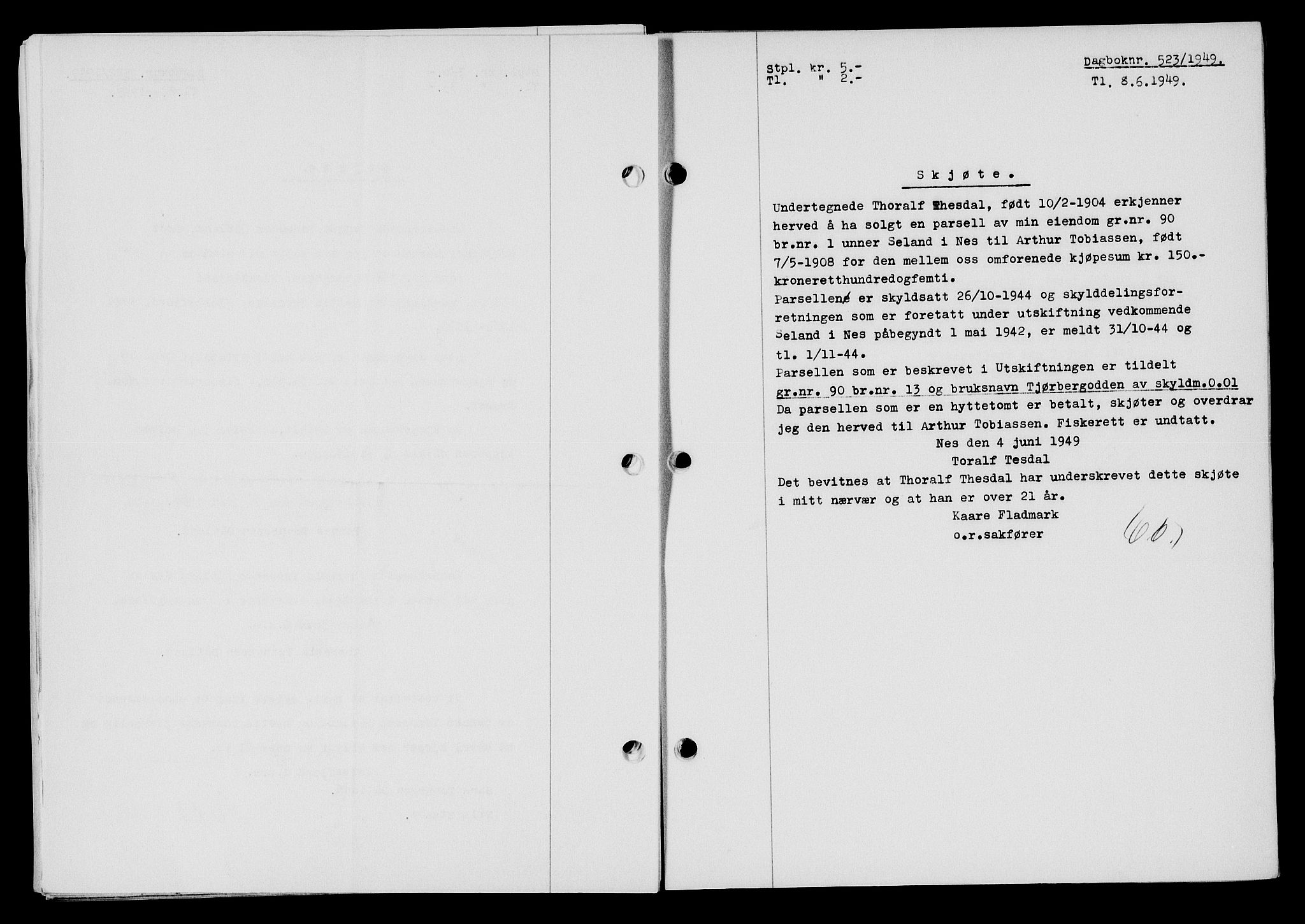 Flekkefjord sorenskriveri, SAK/1221-0001/G/Gb/Gba/L0065: Mortgage book no. A-13, 1949-1949, Diary no: : 523/1949