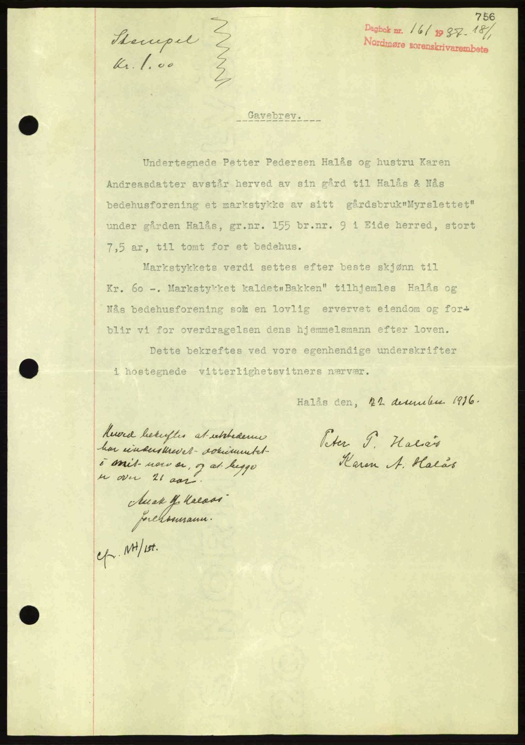 Nordmøre sorenskriveri, AV/SAT-A-4132/1/2/2Ca: Mortgage book no. A80, 1936-1937, Diary no: : 161/1937