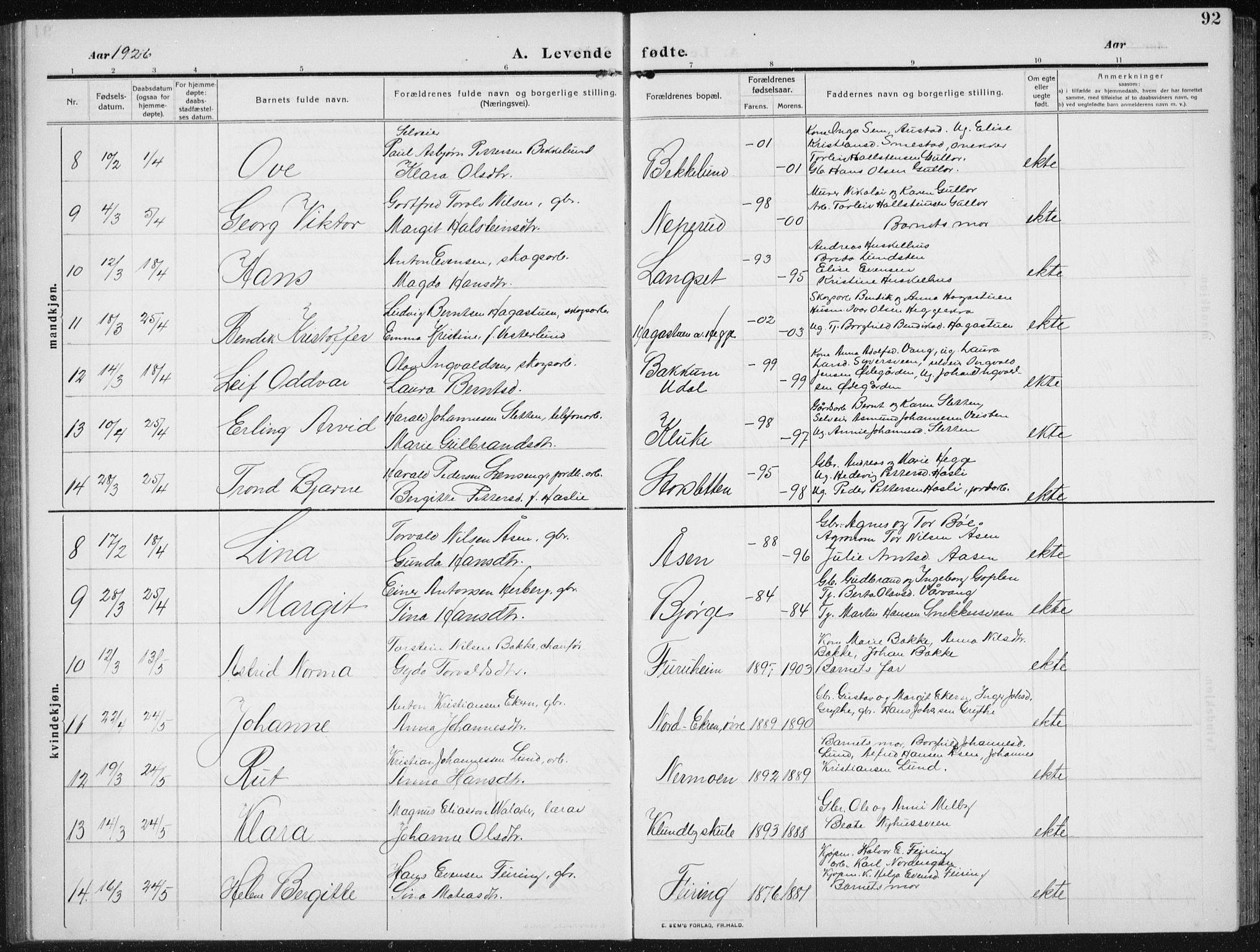 Biri prestekontor, AV/SAH-PREST-096/H/Ha/Hab/L0006: Parish register (copy) no. 6, 1909-1938, p. 92