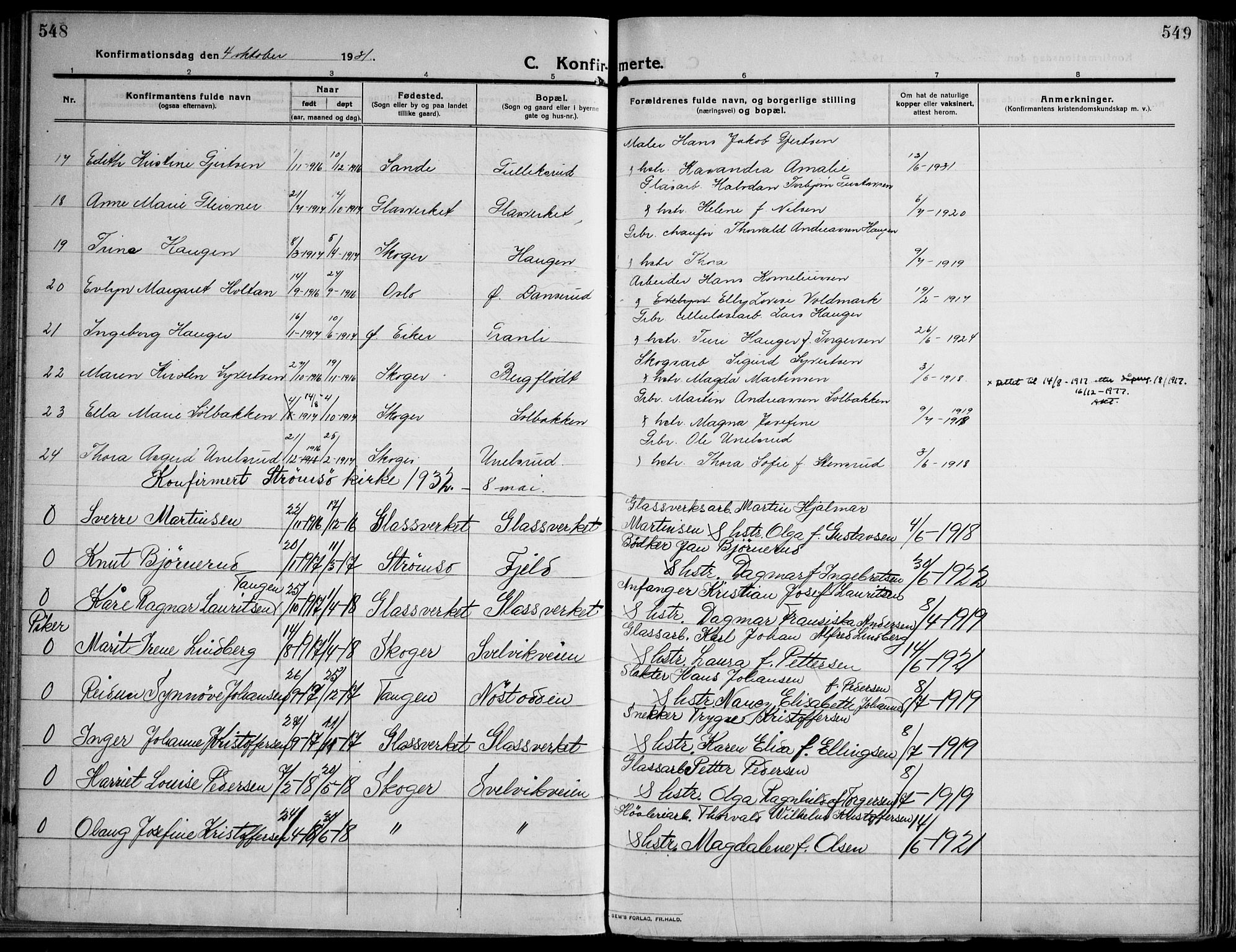 Skoger kirkebøker, SAKO/A-59/F/Fa/L0007: Parish register (official) no. I 7, 1911-1936, p. 548-549