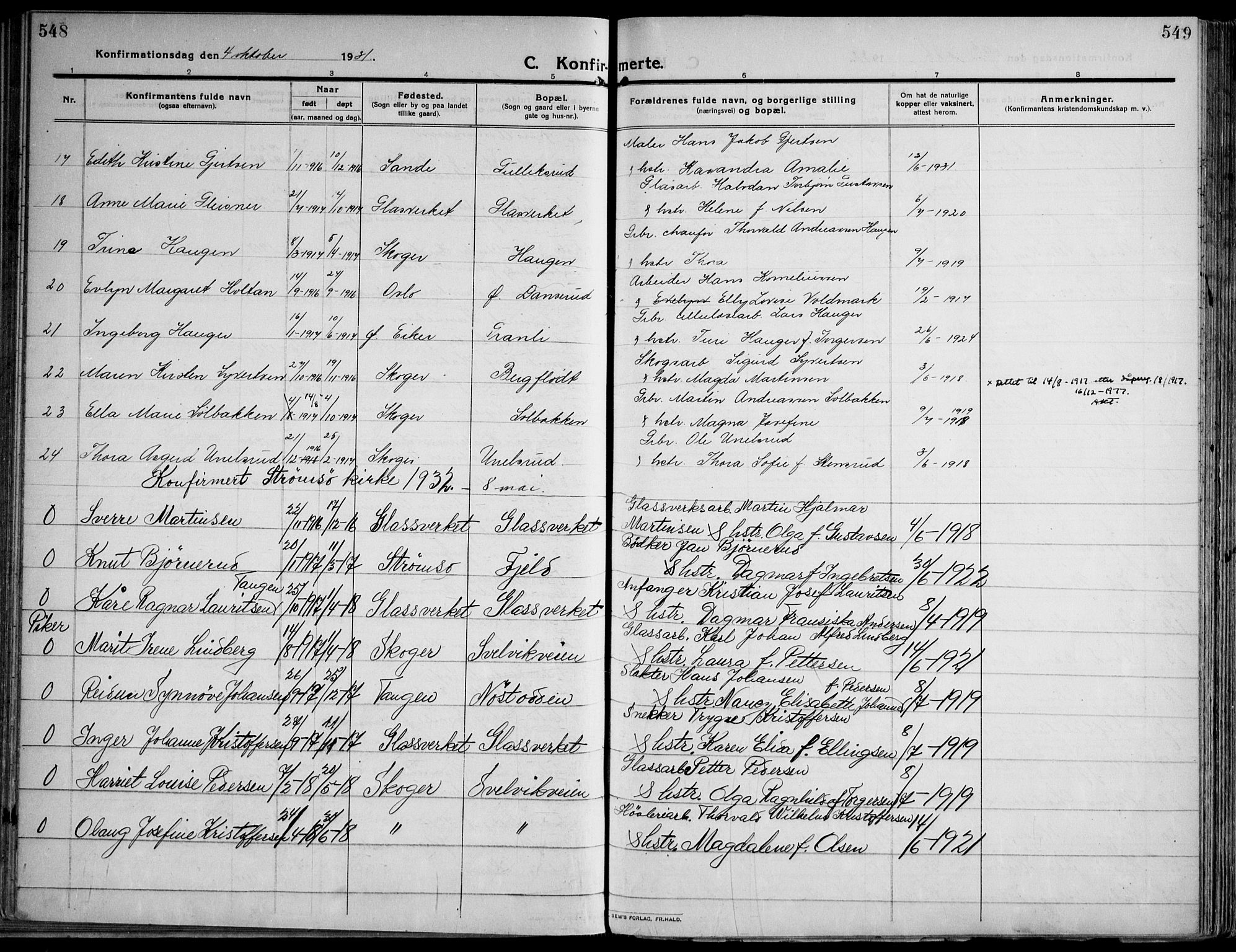 Skoger kirkebøker, AV/SAKO-A-59/F/Fa/L0007: Parish register (official) no. I 7, 1911-1936, p. 548-549