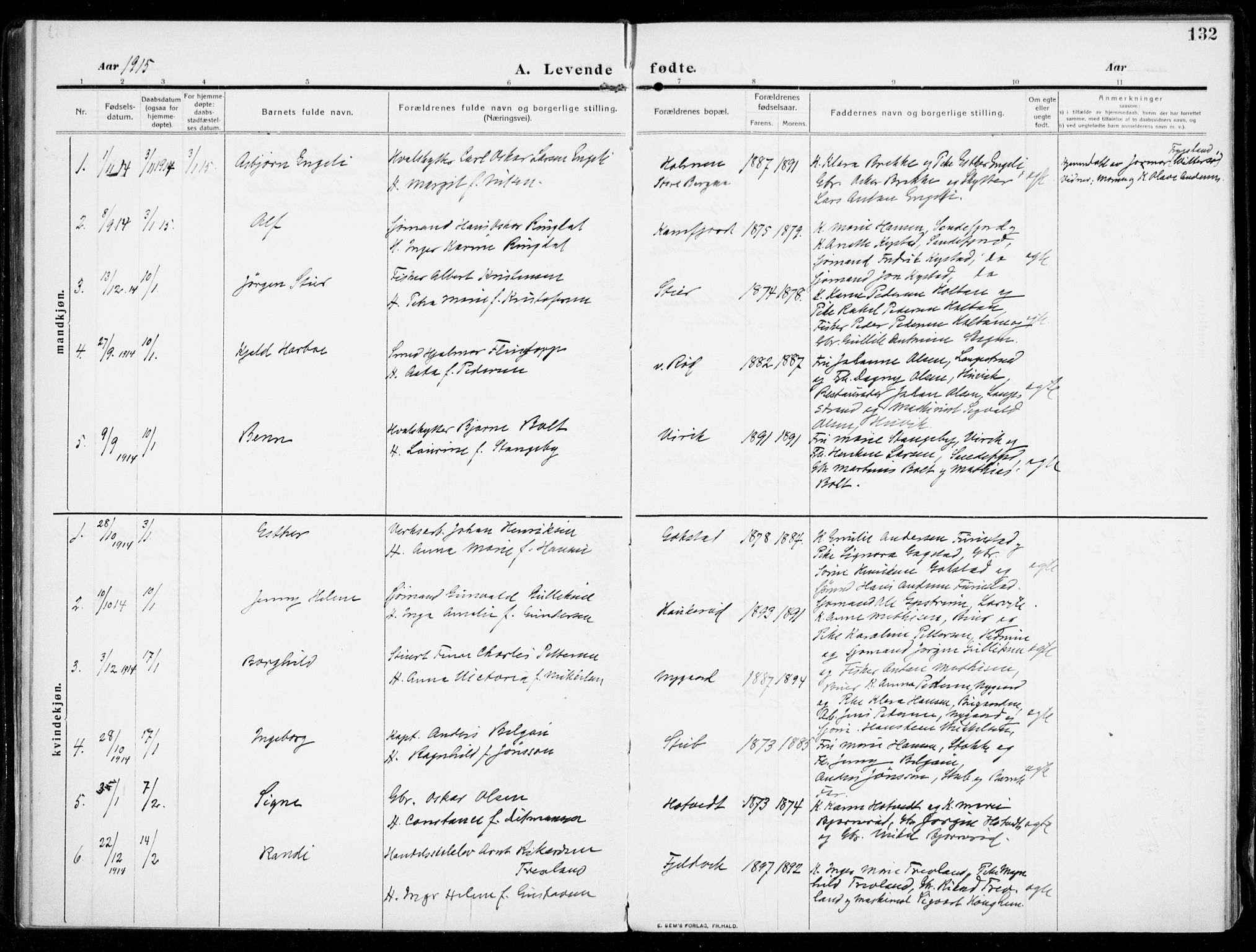 Sandar kirkebøker, SAKO/A-243/F/Fa/L0016: Parish register (official) no. 16, 1909-1919, p. 132