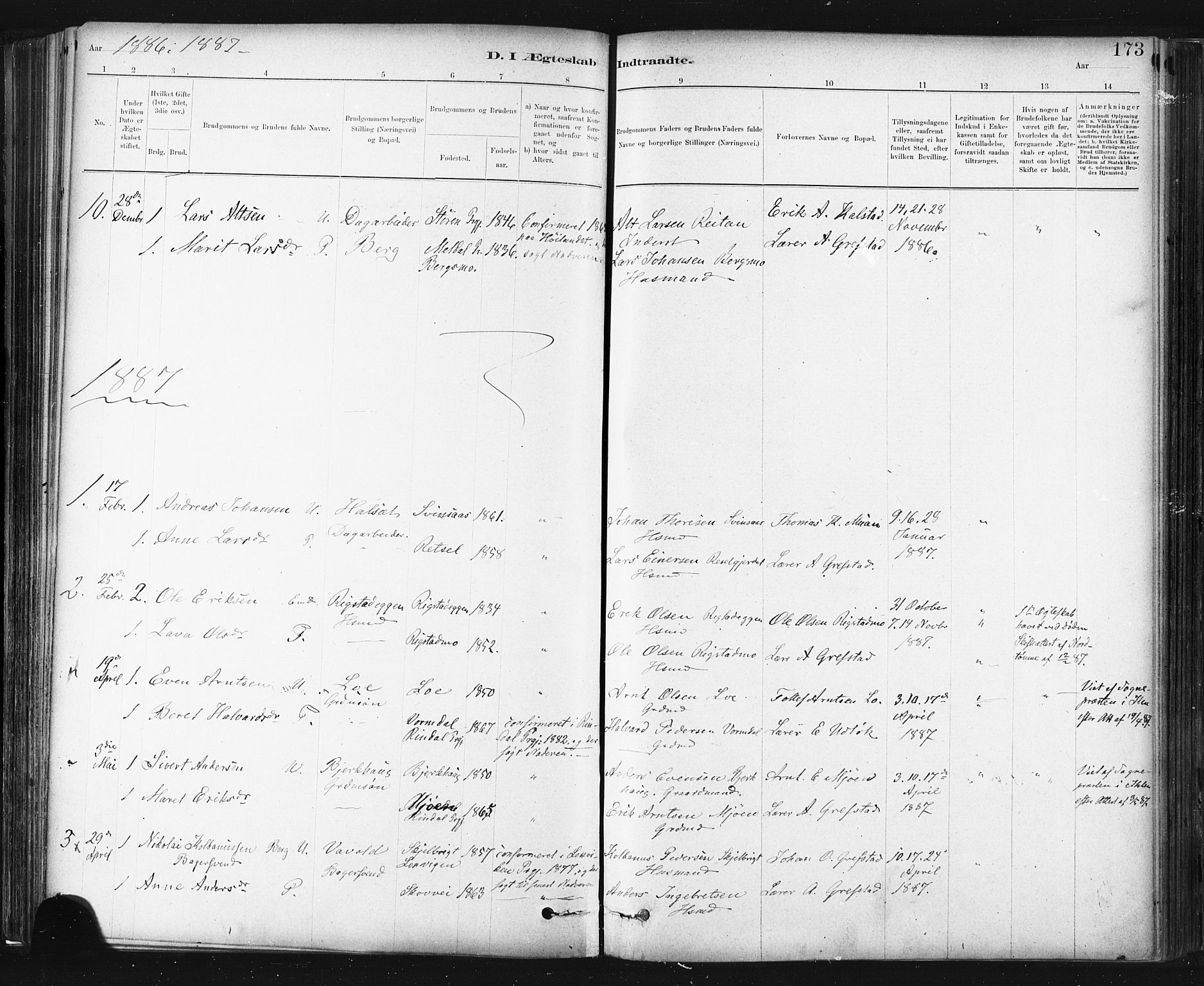 Ministerialprotokoller, klokkerbøker og fødselsregistre - Sør-Trøndelag, SAT/A-1456/672/L0857: Parish register (official) no. 672A09, 1882-1893, p. 173