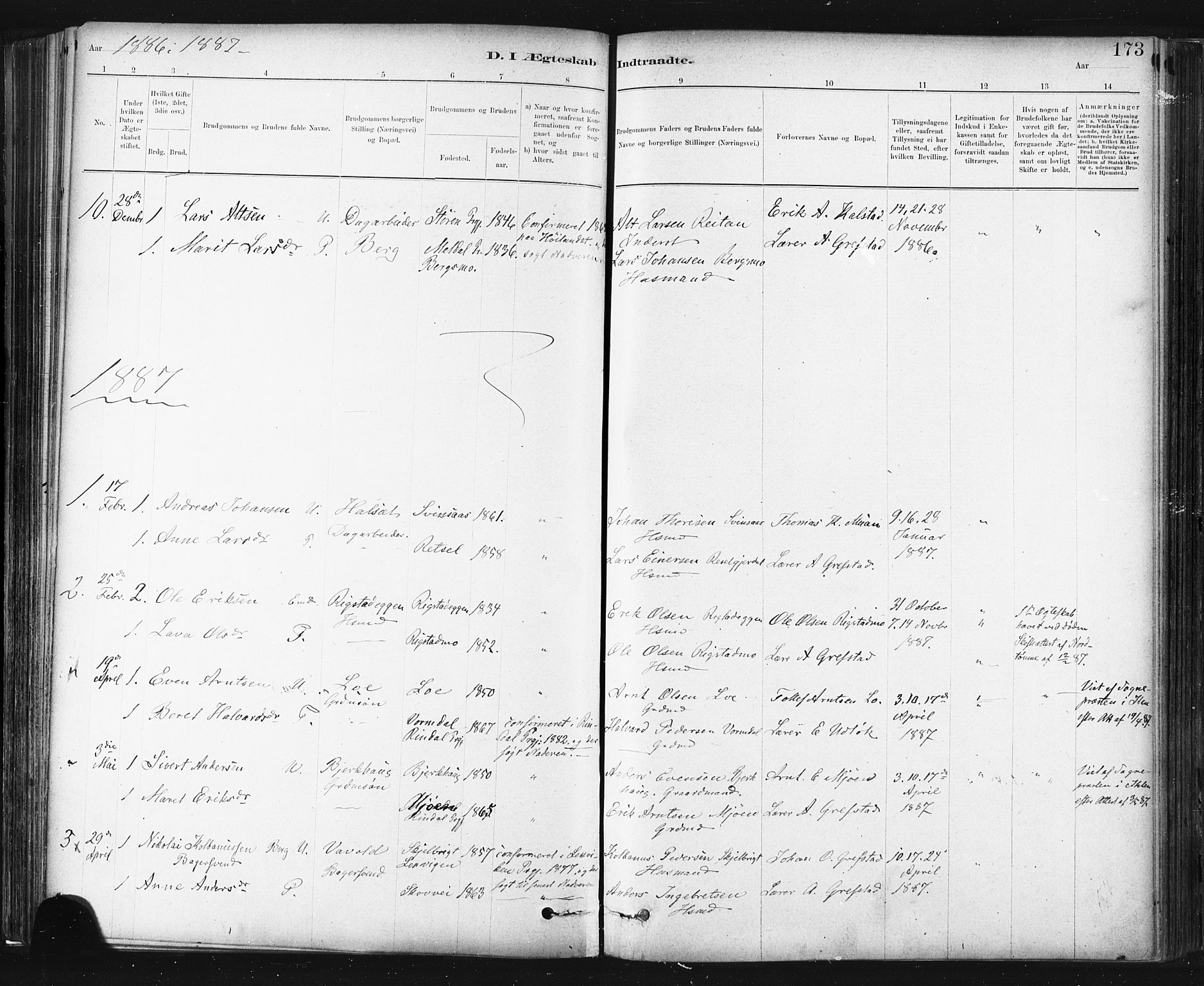 Ministerialprotokoller, klokkerbøker og fødselsregistre - Sør-Trøndelag, AV/SAT-A-1456/672/L0857: Parish register (official) no. 672A09, 1882-1893, p. 173