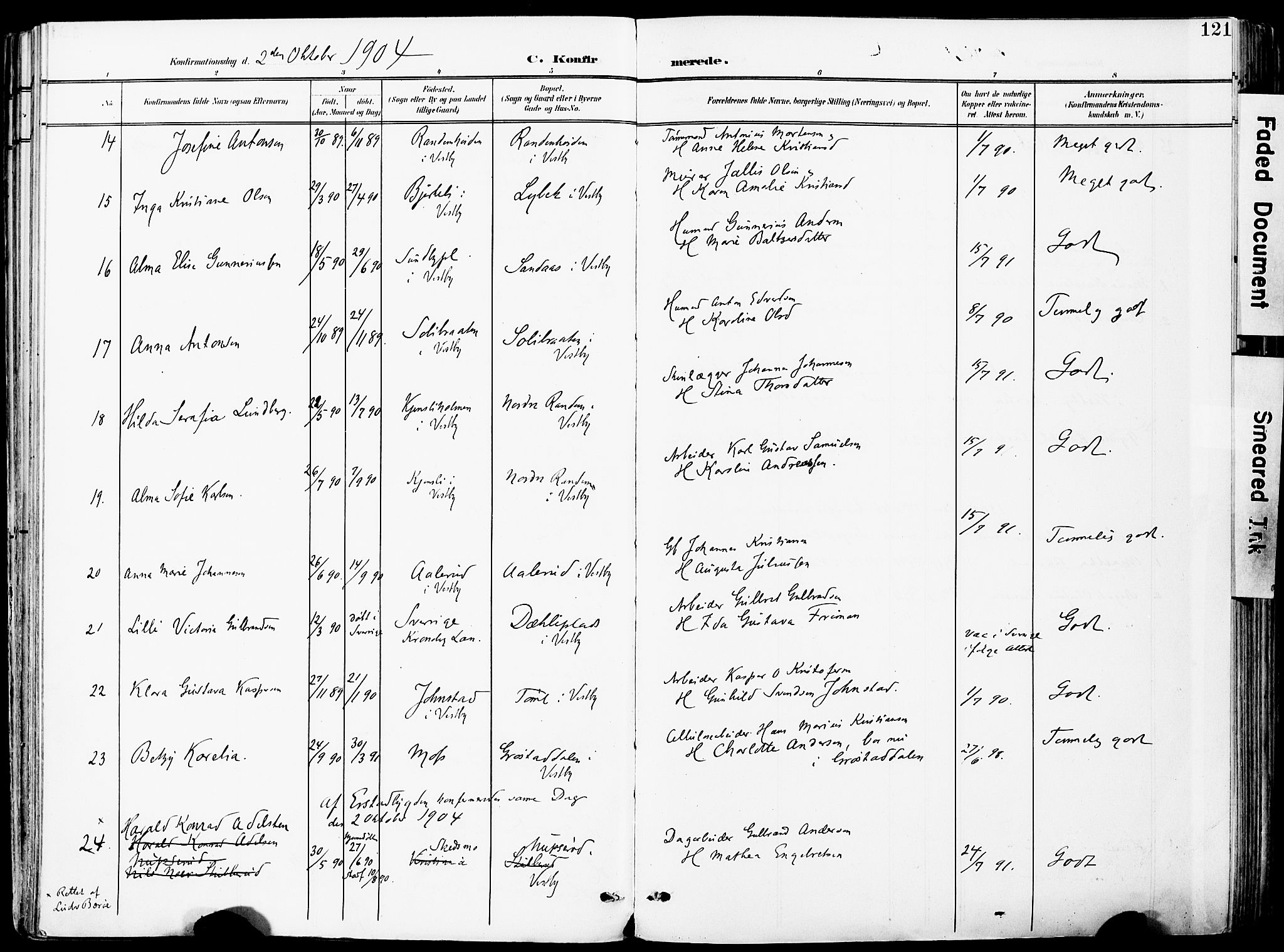 Vestby prestekontor Kirkebøker, SAO/A-10893/F/Fa/L0010: Parish register (official) no. I 10, 1900-1926, p. 121