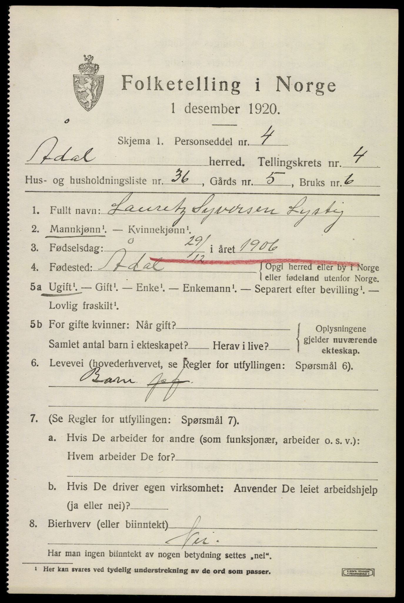 SAKO, 1920 census for Ådal, 1920, p. 4050