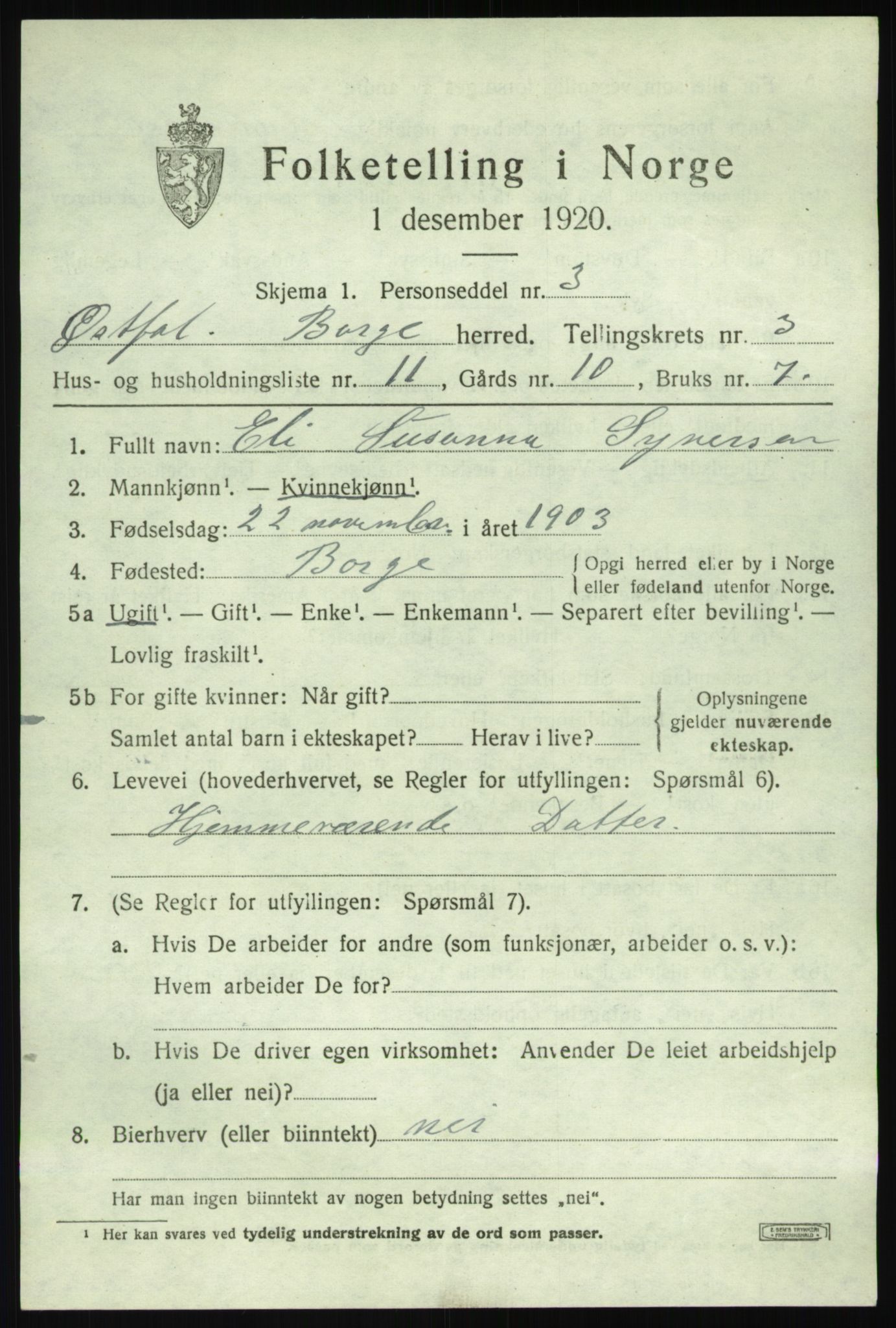 SAO, 1920 census for Borge, 1920, p. 3429