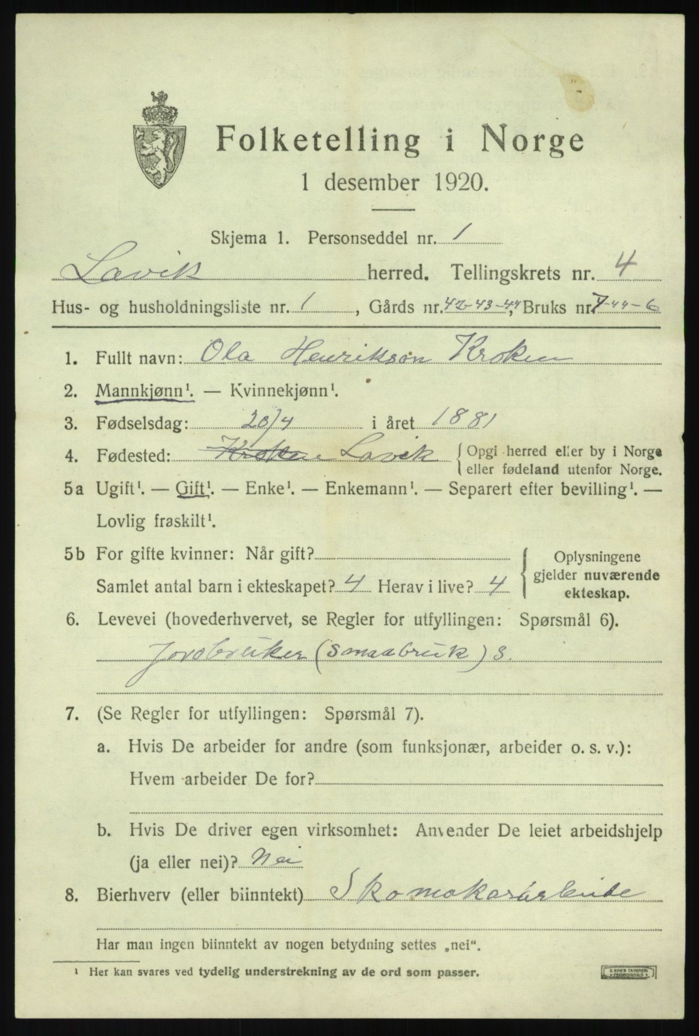 SAB, 1920 census for Lavik, 1920, p. 746