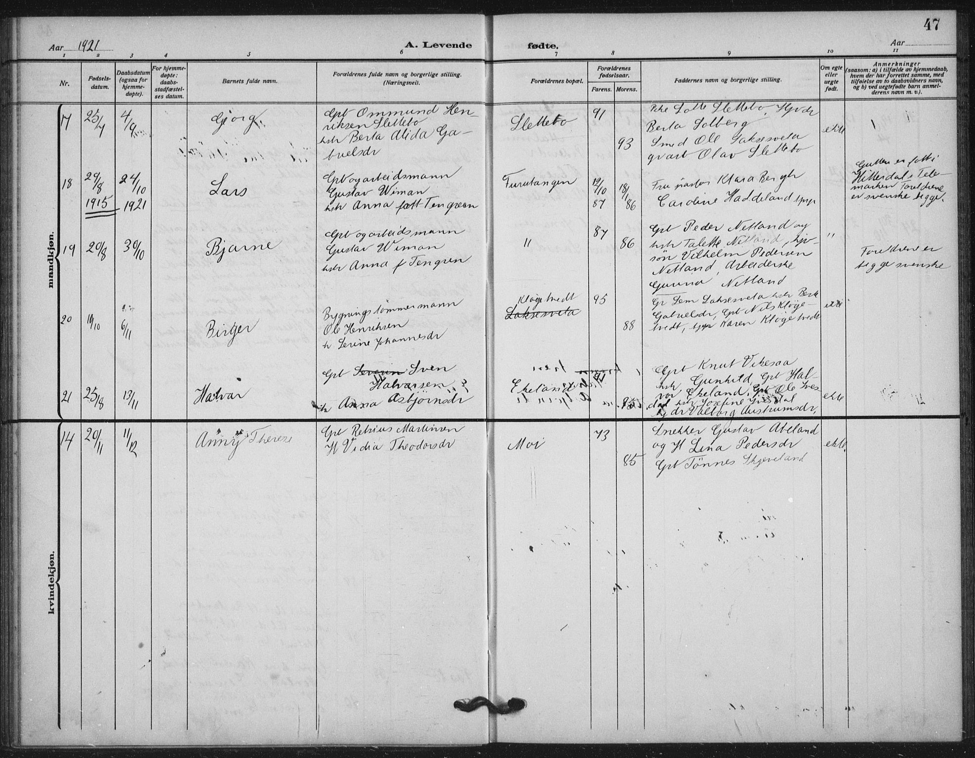 Helleland sokneprestkontor, AV/SAST-A-101810: Parish register (official) no. A 11, 1909-1922, p. 47
