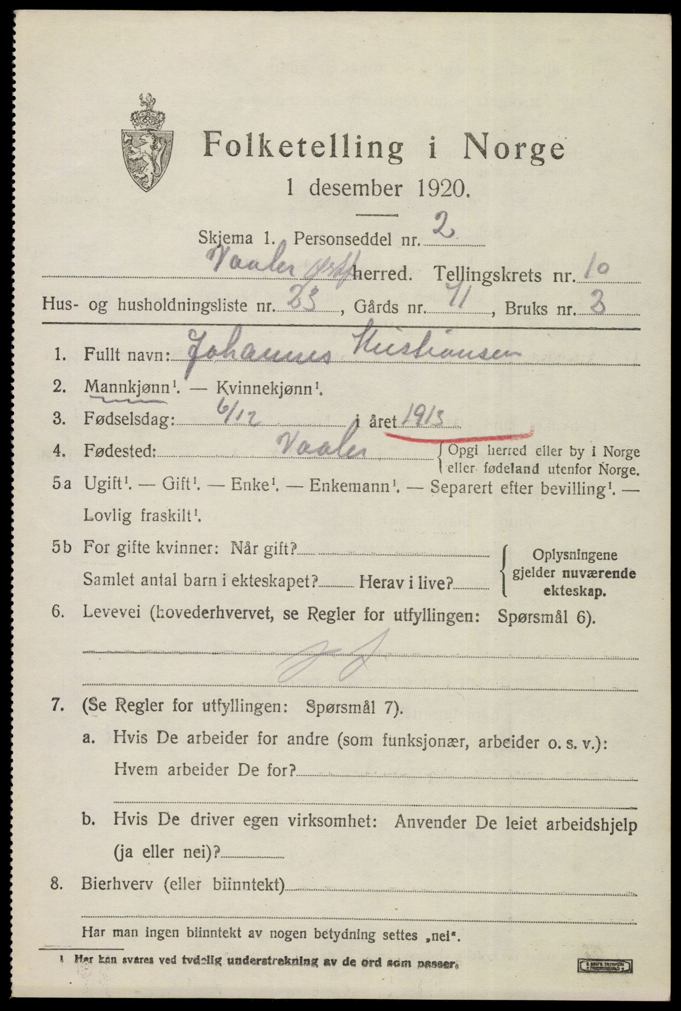 SAO, 1920 census for Våler, 1920, p. 5322