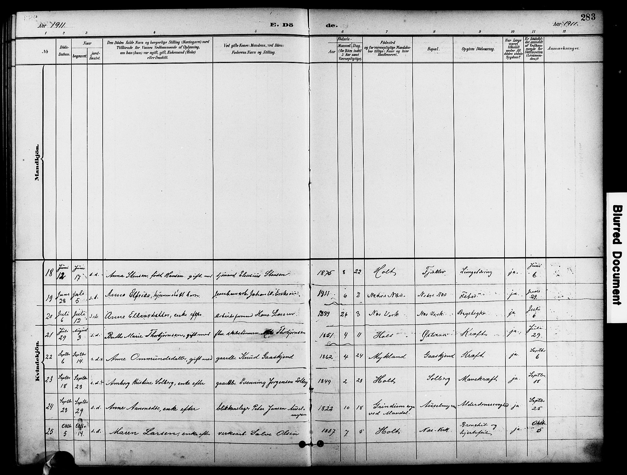 Holt sokneprestkontor, SAK/1111-0021/F/Fb/L0011: Parish register (copy) no. B 11, 1897-1921, p. 283