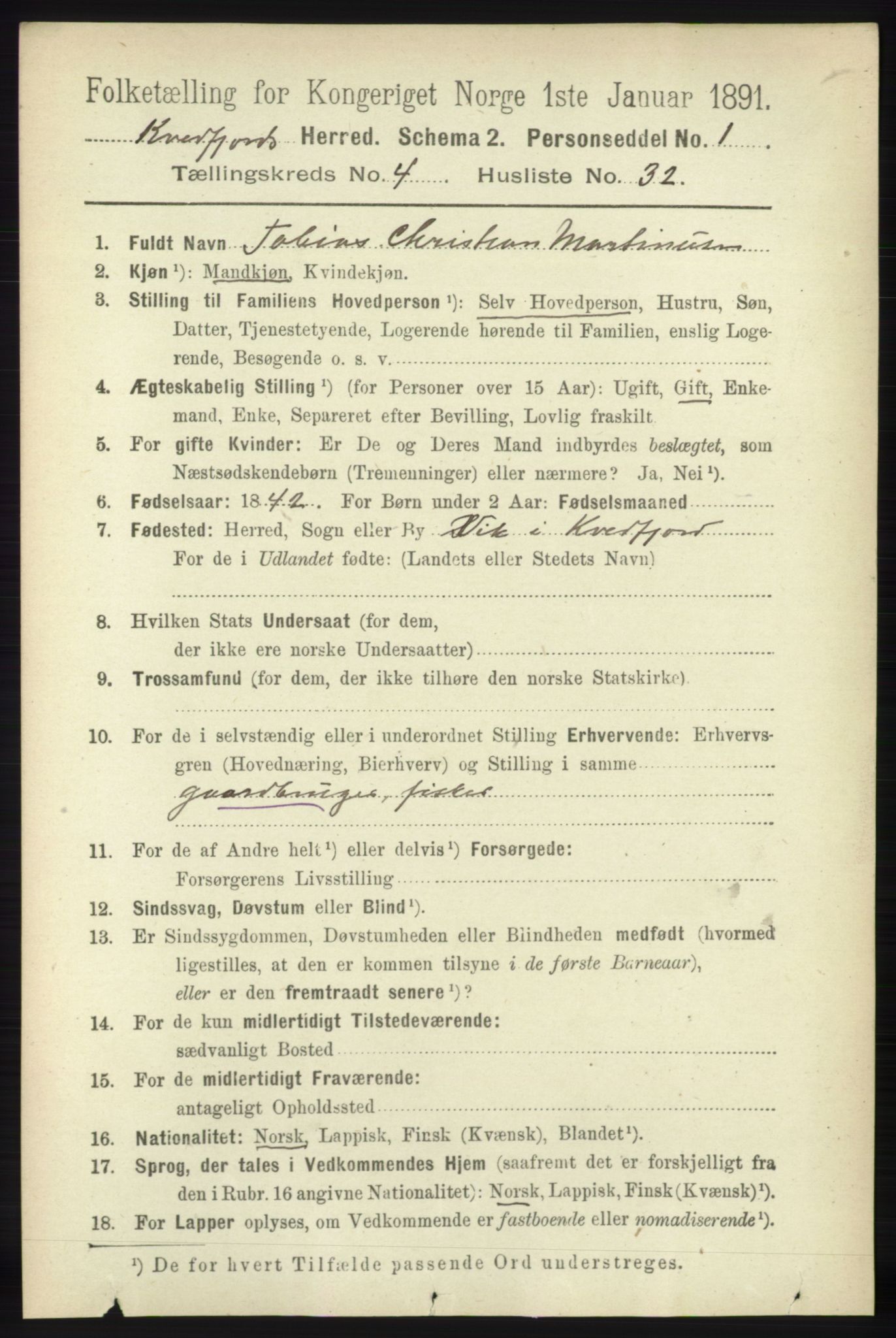 RA, 1891 census for 1911 Kvæfjord, 1891, p. 2099