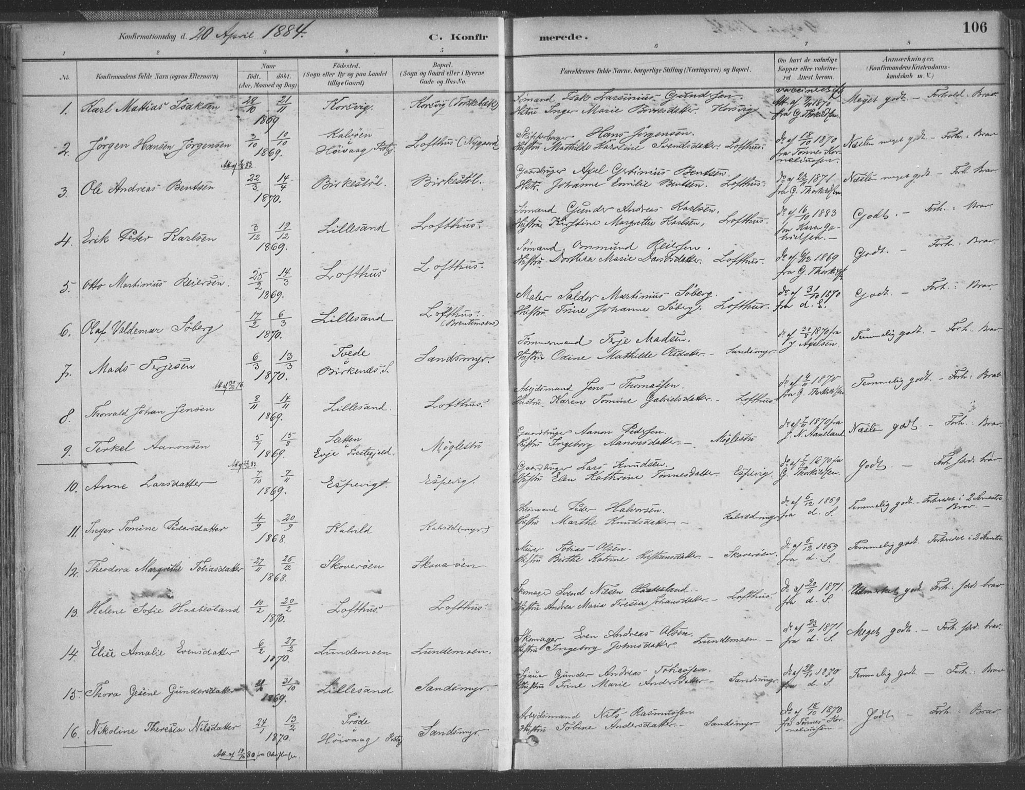 Vestre Moland sokneprestkontor, AV/SAK-1111-0046/F/Fa/Fab/L0009: Parish register (official) no. A 9, 1884-1899, p. 106