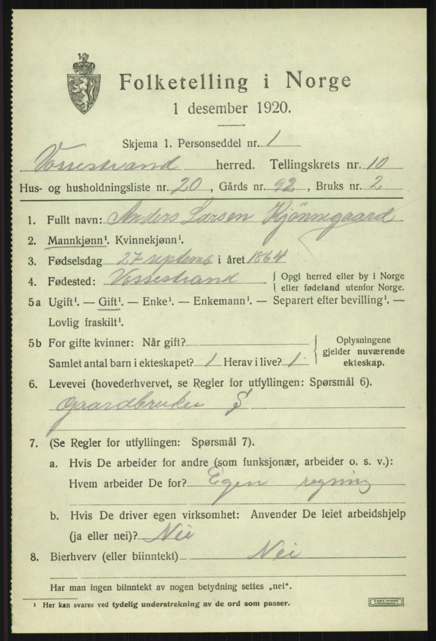 SAB, 1920 census for Vossestrand, 1920, p. 4420