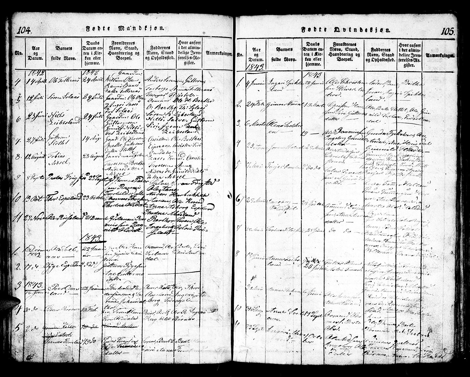Bjelland sokneprestkontor, AV/SAK-1111-0005/F/Fb/Fbb/L0003: Parish register (copy) no. B 3, 1816-1868, p. 104-105