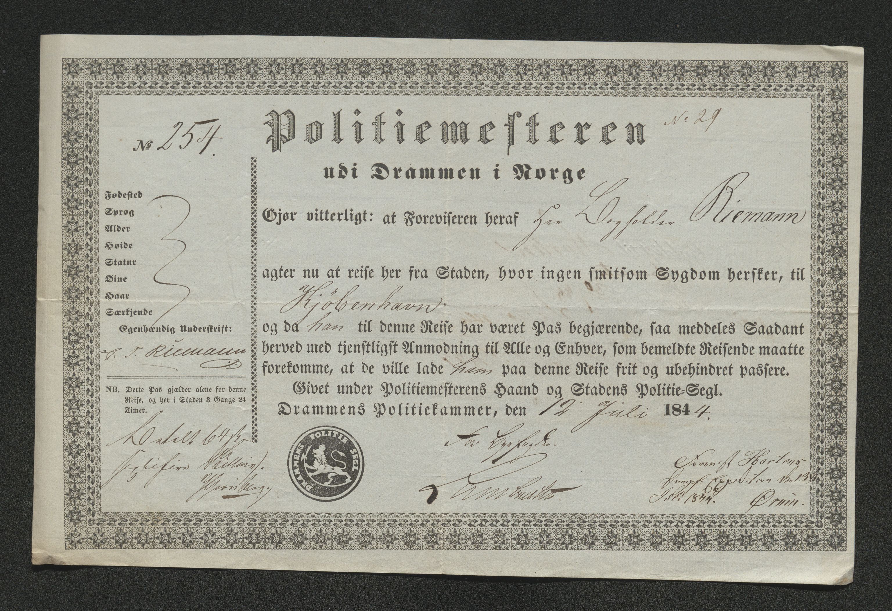 Drammen politikammer, SAKO/A-623/I/Ia/Iab/L0007: Innleverte pass, 1843-1844, p. 628